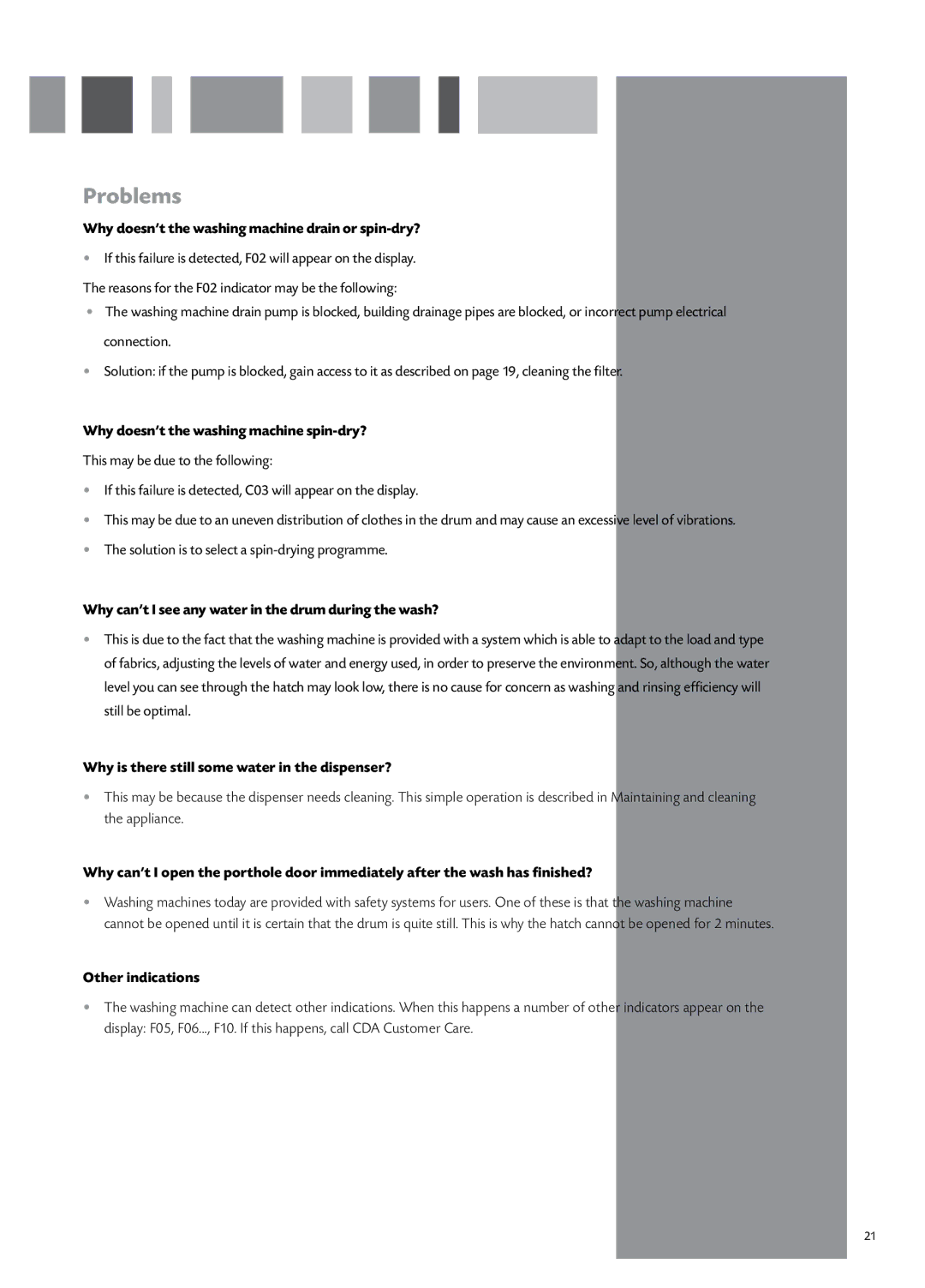 CDA CI931 Why doesn’t the washing machine drain or spin-dry?, Why doesn’t the washing machine spin-dry?, Other indications 