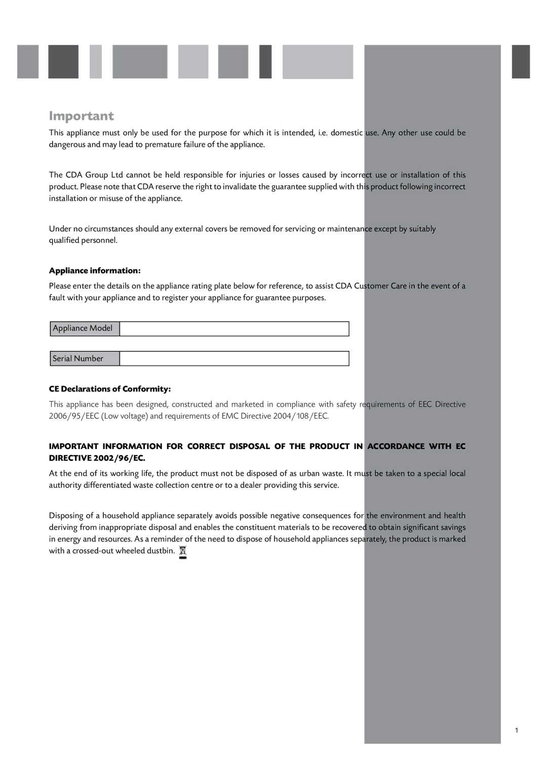 CDA CI931 manual Appliance information, CE Declarations of Conformity 