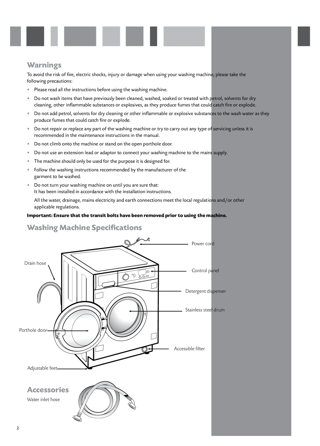 CDA CI931 manual Washing Machine Speciﬁcations, Accessories 