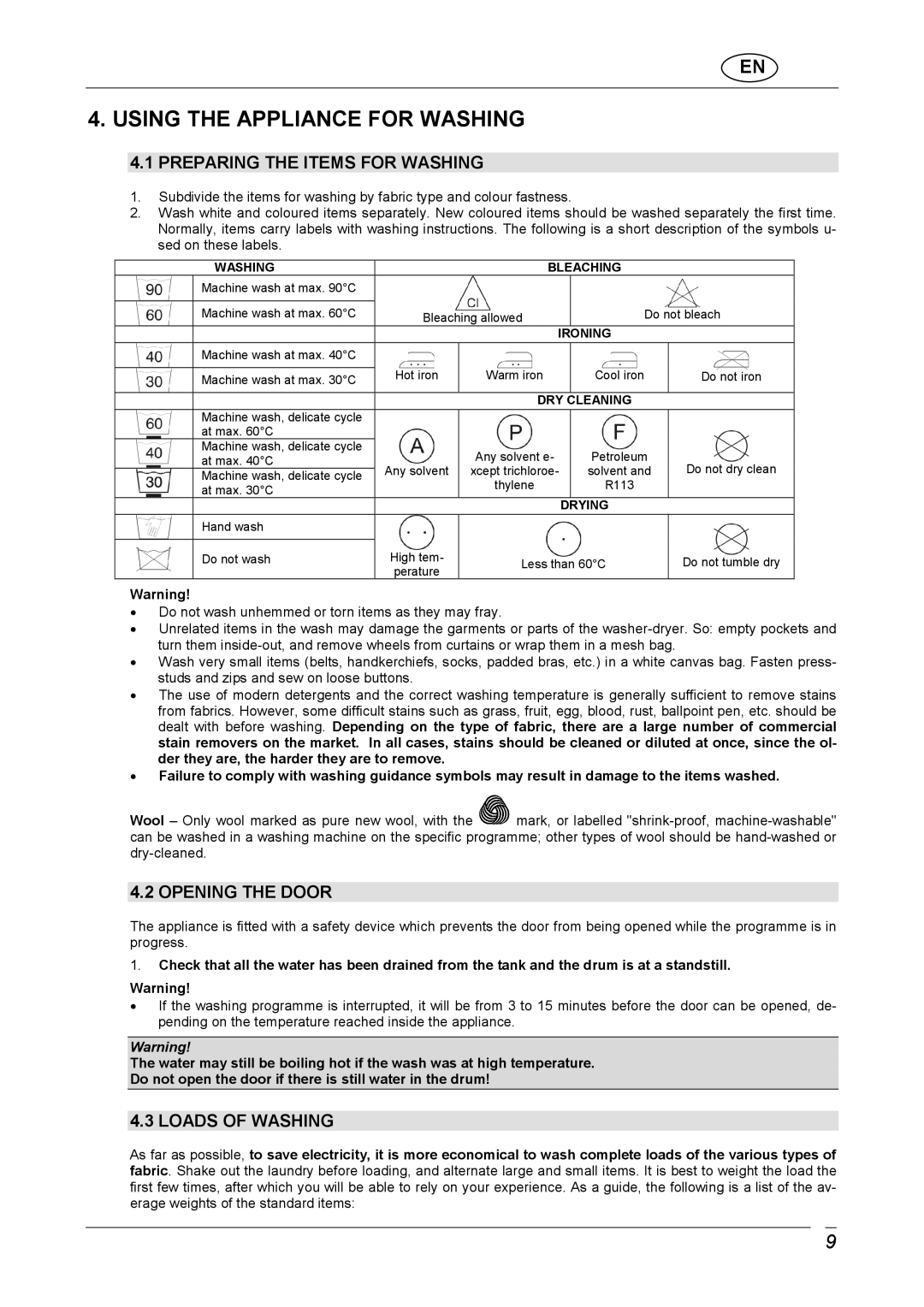 CDA CI970 manual Using the Appliance for Washing, Preparing the Items for Washing, Opening the Door, Loads of Washing 