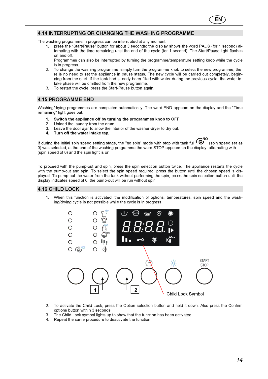 CDA CI970 manual Interrupting or Changing the Washing Programme, Programme END, Child Lock 