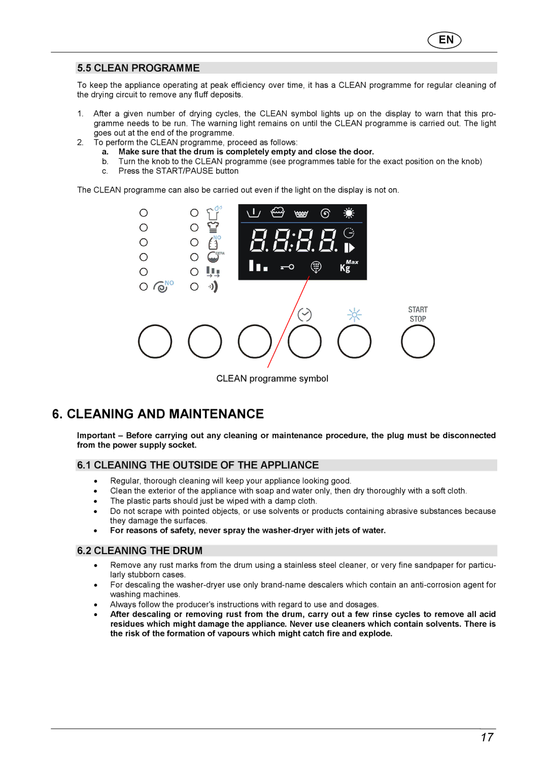 CDA CI970 manual Cleaning and Maintenance, Clean Programme, Cleaning the Outside of the Appliance, Cleaning the Drum 