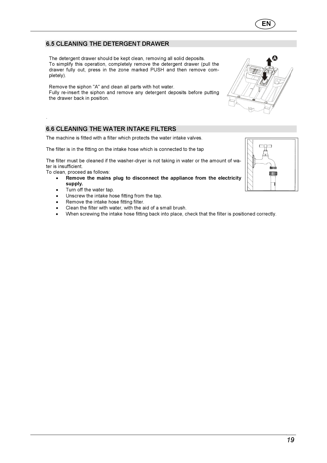 CDA CI970 manual Cleaning the Detergent Drawer, Cleaning the Water Intake Filters 