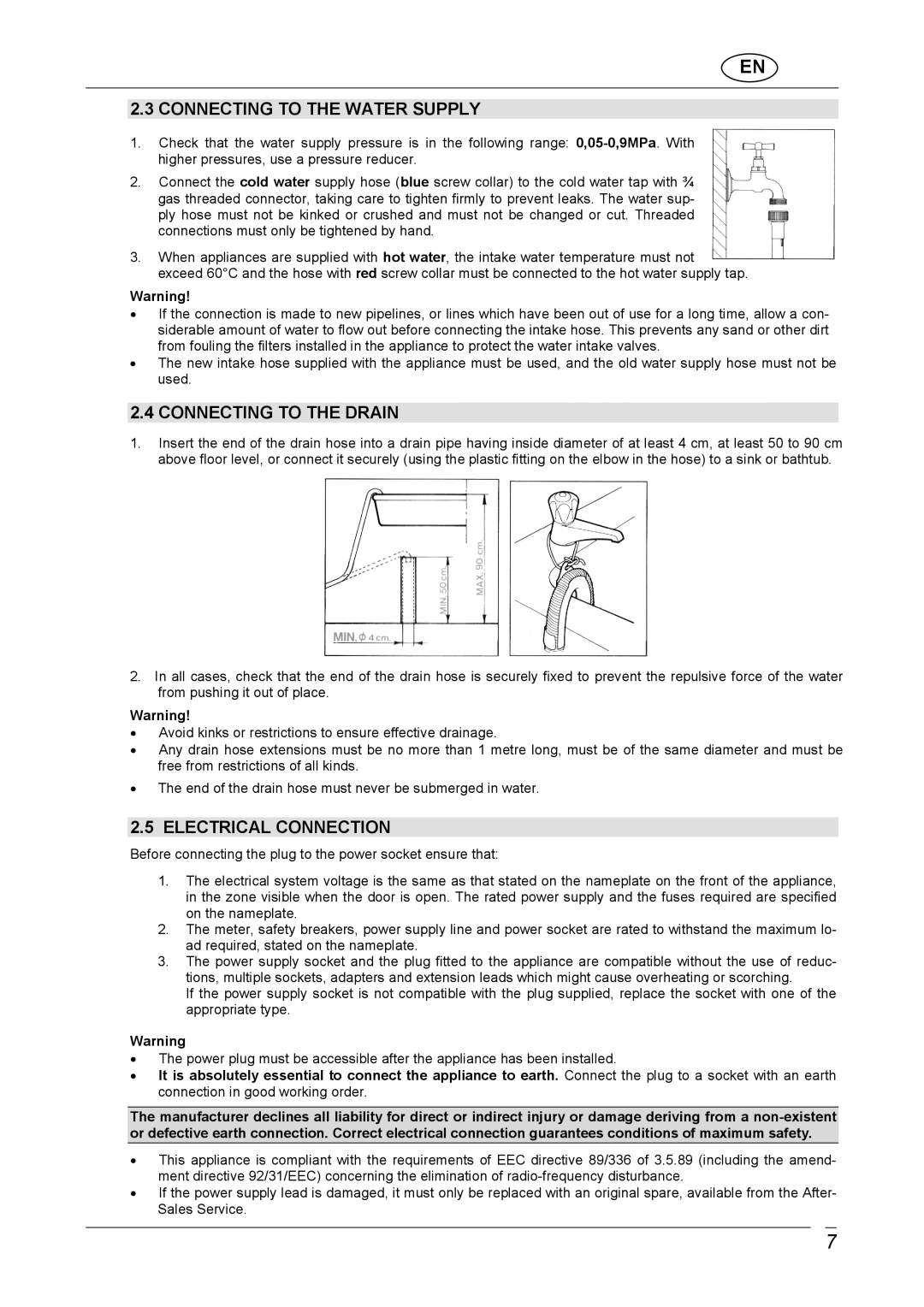 CDA CI970 manual Connecting to the Water Supply, Connecting to the Drain, Electrical Connection 