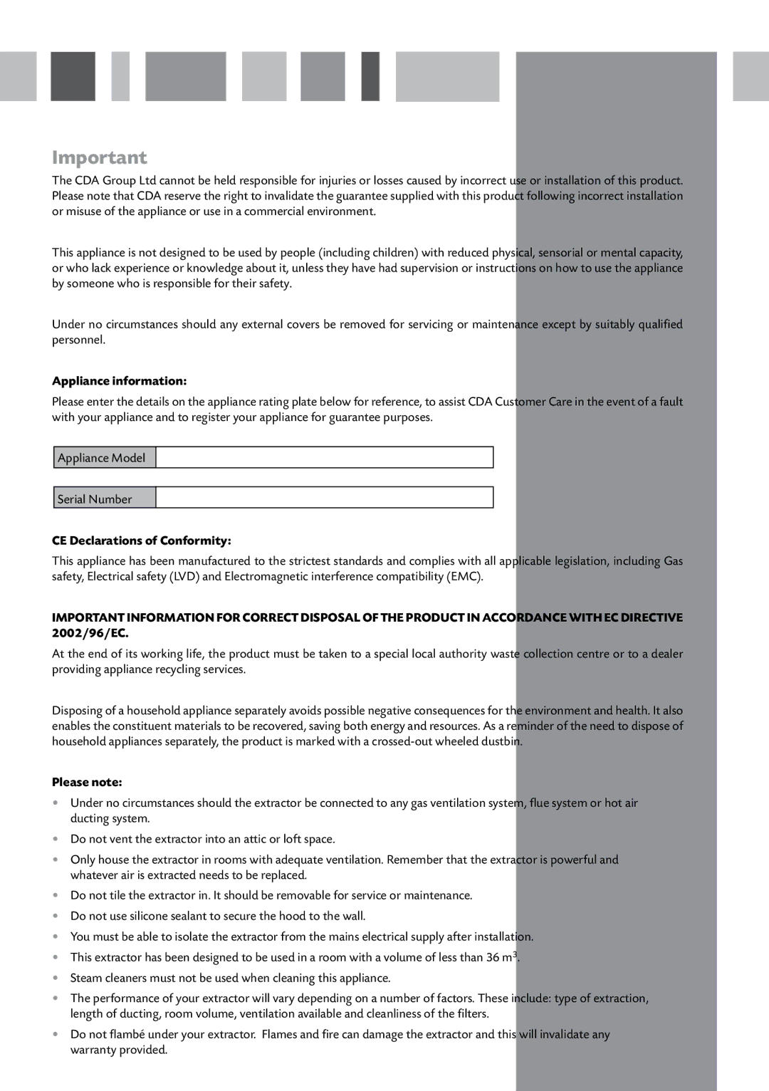 CDA CIN6 manual Appliance information, CE Declarations of Conformity, Please note 