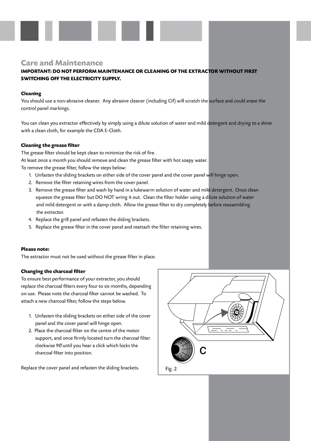 CDA CIN6 manual Care and Maintenance, Cleaning the grease filter, Changing the charcoal filter 