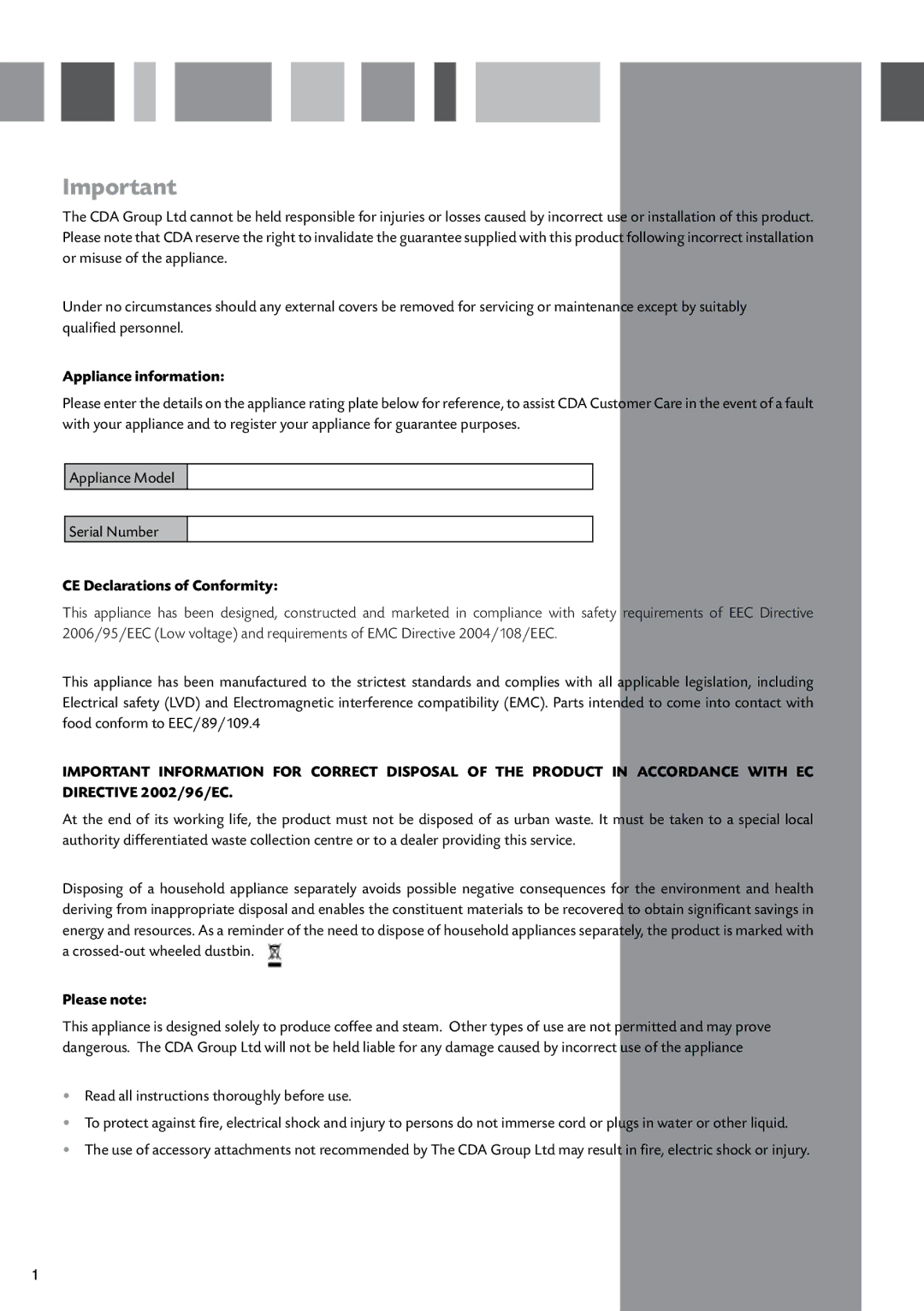 CDA CVC10SS manual Appliance information, CE Declarations of Conformity, Please note 