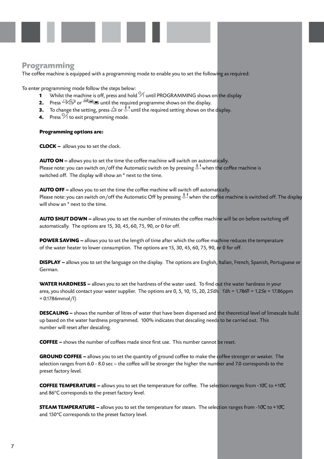 CDA CVC10SS manual Programming options are 