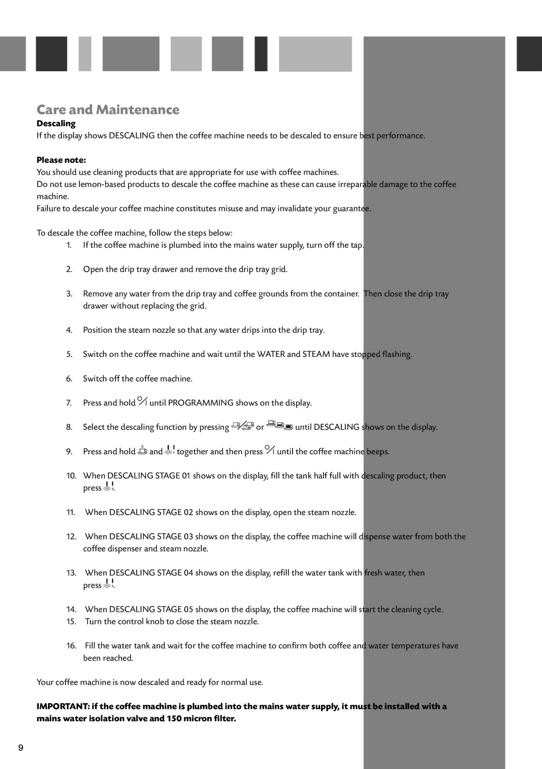 CDA CVC4SS manual Descaling, Please note 