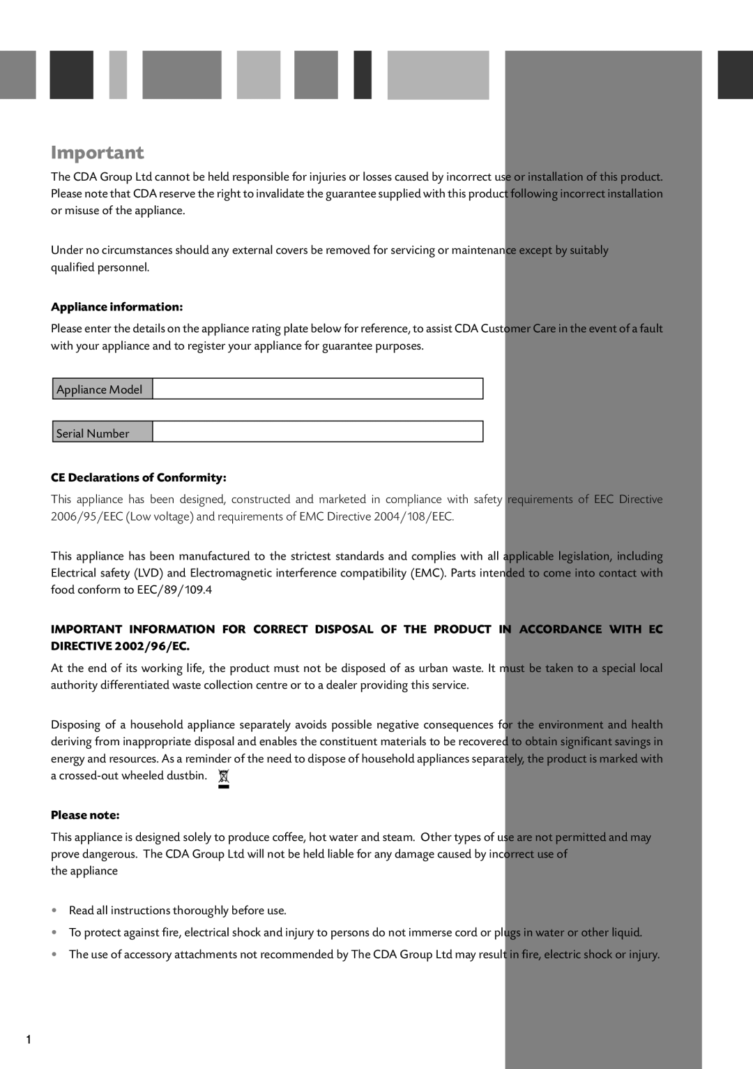 CDA CVC4SS manual Appliance information, CE Declarations of Conformity, Please note 