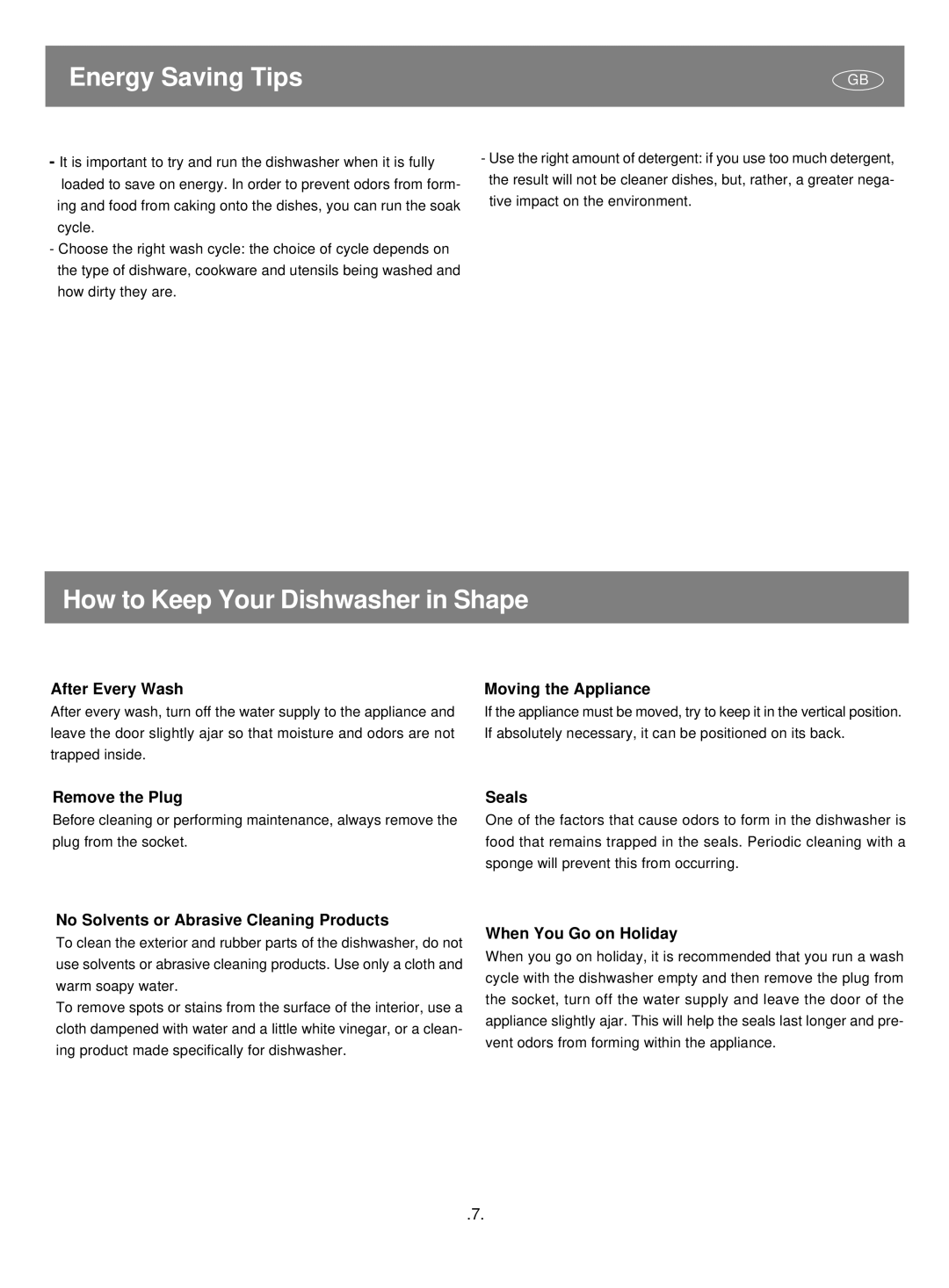 CDA CW493 BL/WH/SS manual Energy Saving Tips, How to Keep Your Dishwasher in Shape 