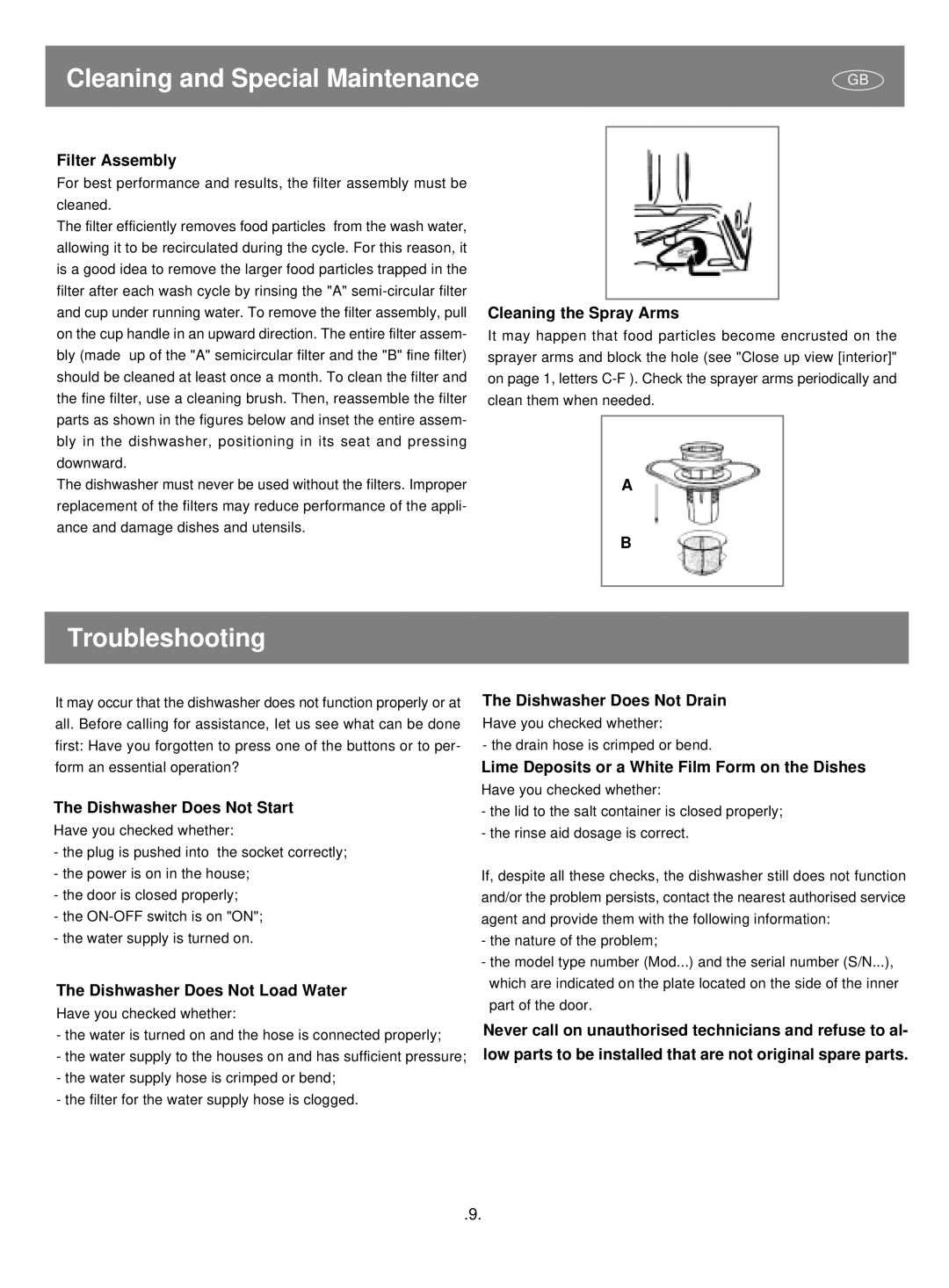 CDA CW493 BL/WH/SS manual Cleaning and Special Maintenance, Troubleshooting 