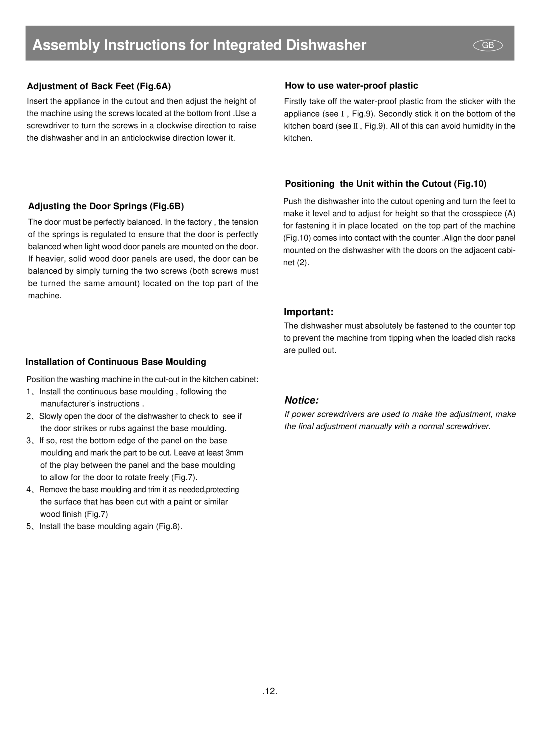 CDA CW493 BL/WH/SS manual Adjustment of Back Feet a, How to use water-proof plastic, Adjusting the Door Springs B 