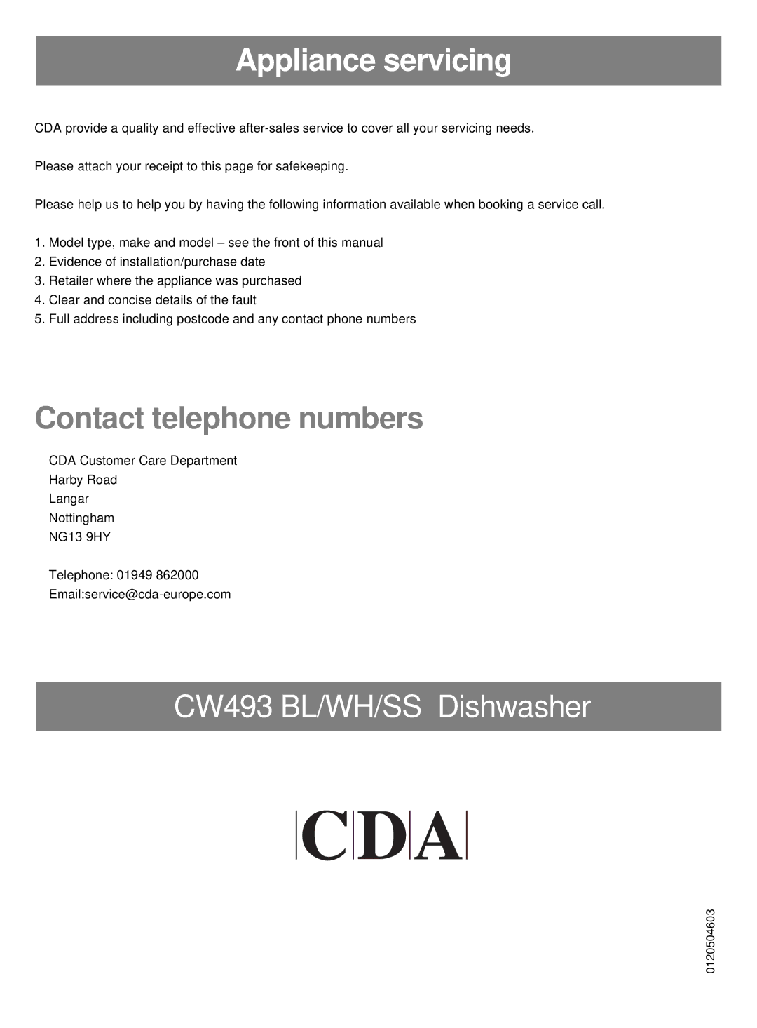 CDA CW493 BL/WH/SS manual Appliance servicing 