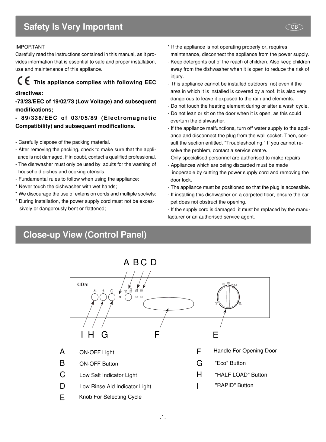 CDA CW493 BL/WH/SS manual Safety Is Very Important, Close-up View Control Panel 