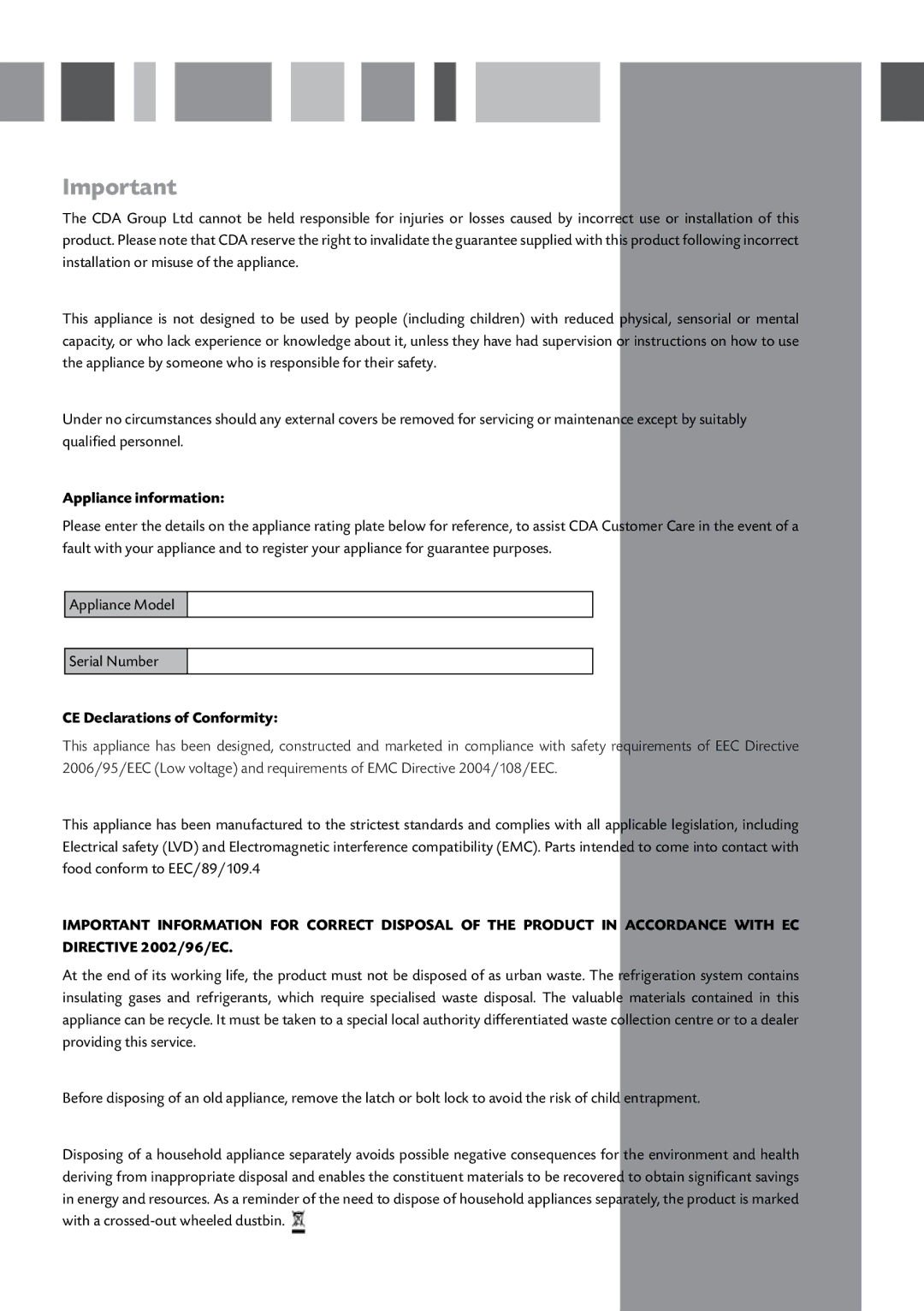 CDA CW897 manual Appliance information, CE Declarations of Conformity 