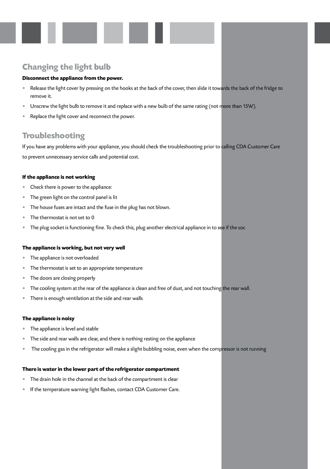 CDA CW897 manual Changing the light bulb, Troubleshooting 