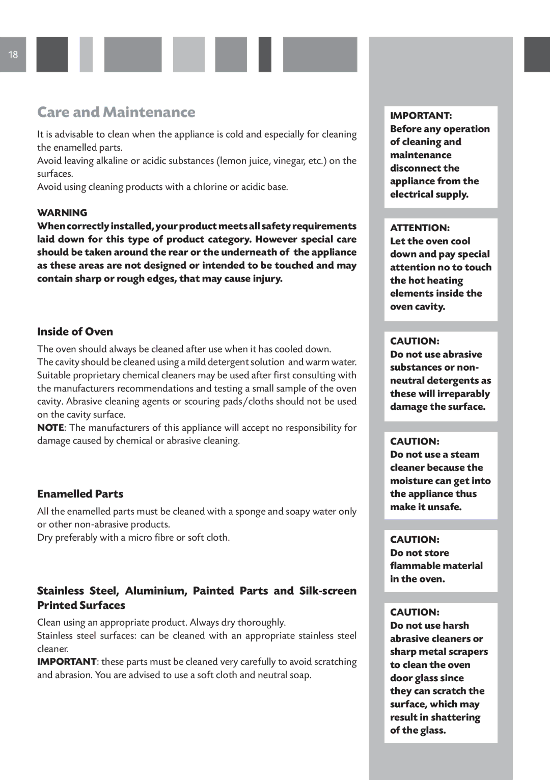 CDA DC730 manual Care and Maintenance, Inside of Oven, Enamelled Parts 