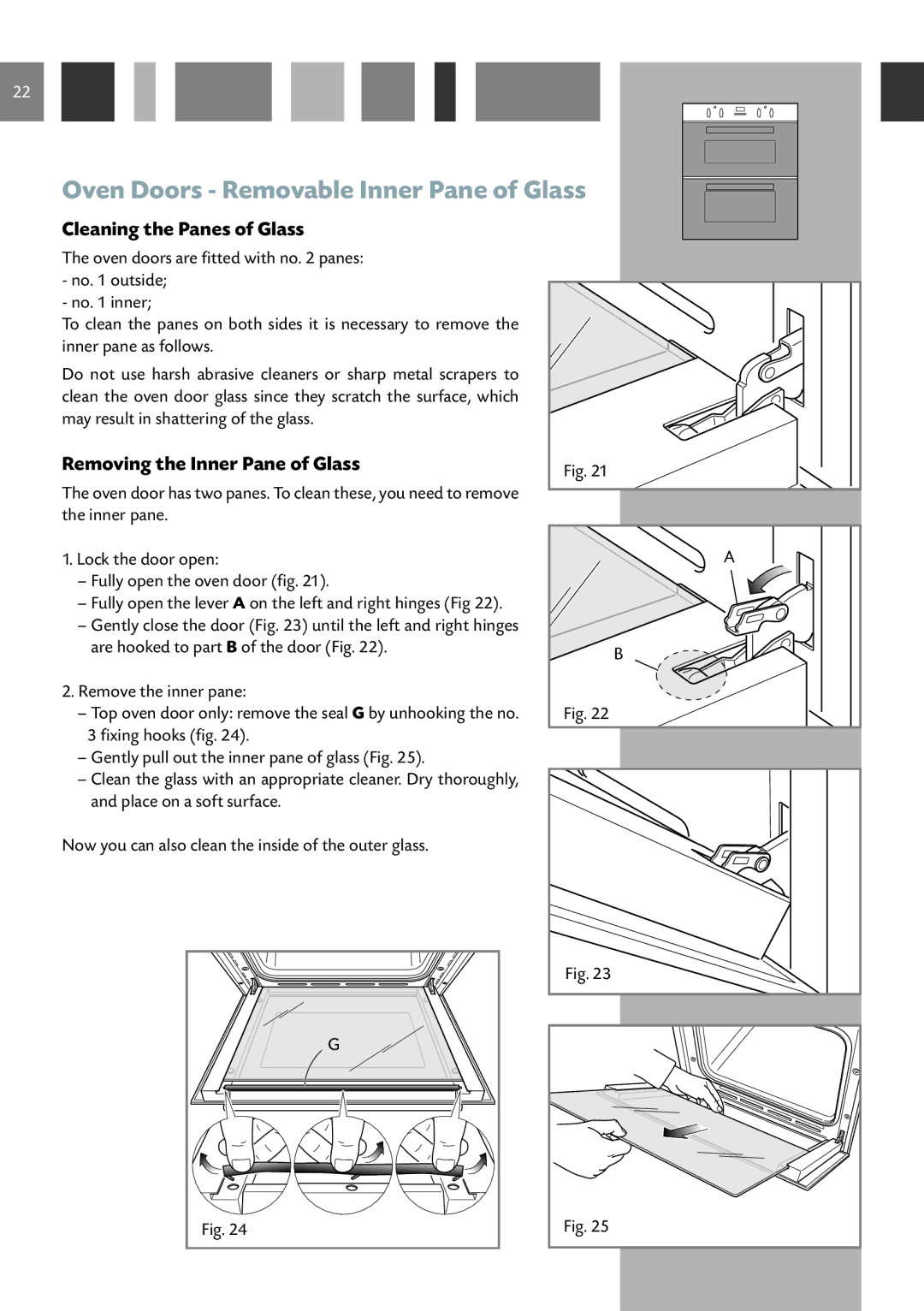 CDA DC730 manual Oven Doors Removable Inner Pane of Glass, Cleaning the Panes of Glass, Removing the Inner Pane of Glass 