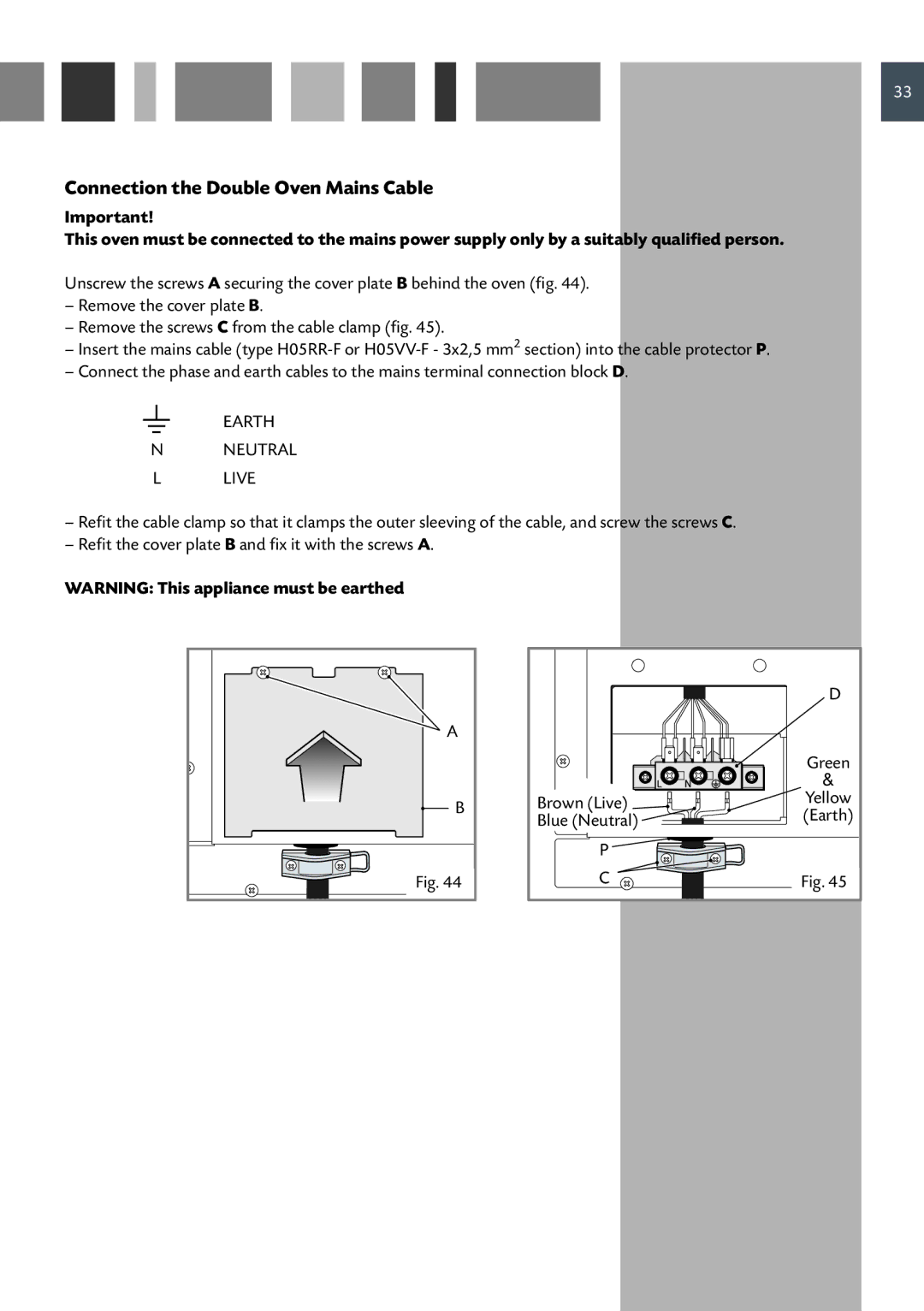 CDA DC730 manual Connection the Double Oven Mains Cable, Earth Neutral Live 