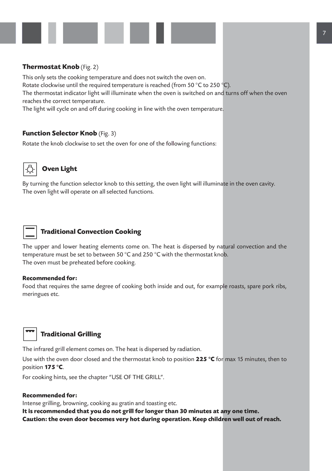 CDA DC730 manual Thermostat Knob Fig, Function Selector Knob Fig, Oven Light, Traditional Convection Cooking 