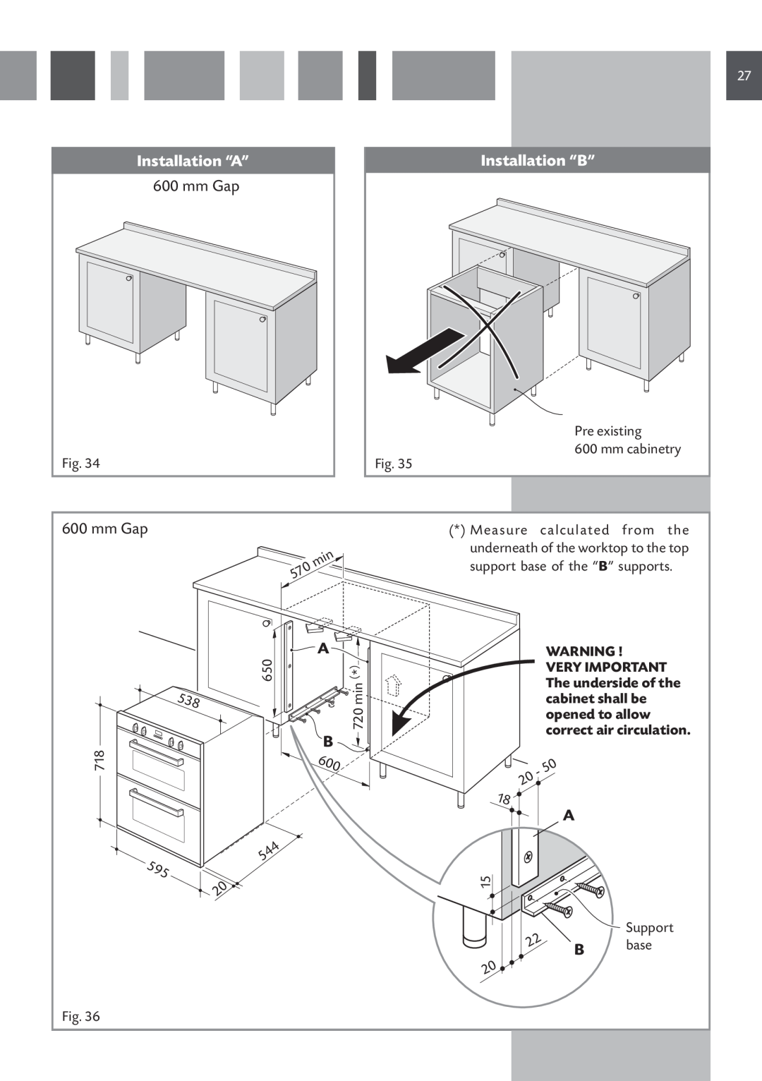 CDA DC730 manual Installation “B”, mm Gap, Installation “A”, mm cabinetry, Support 