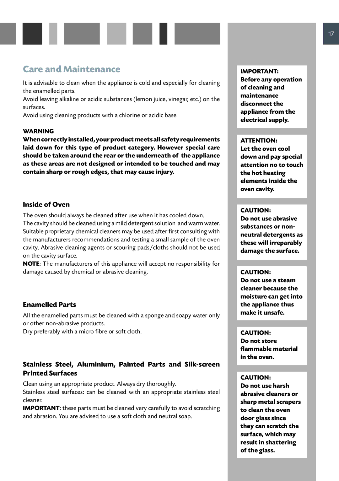 CDA DC930 manual Care and Maintenance, Inside of Oven, Enamelled Parts 