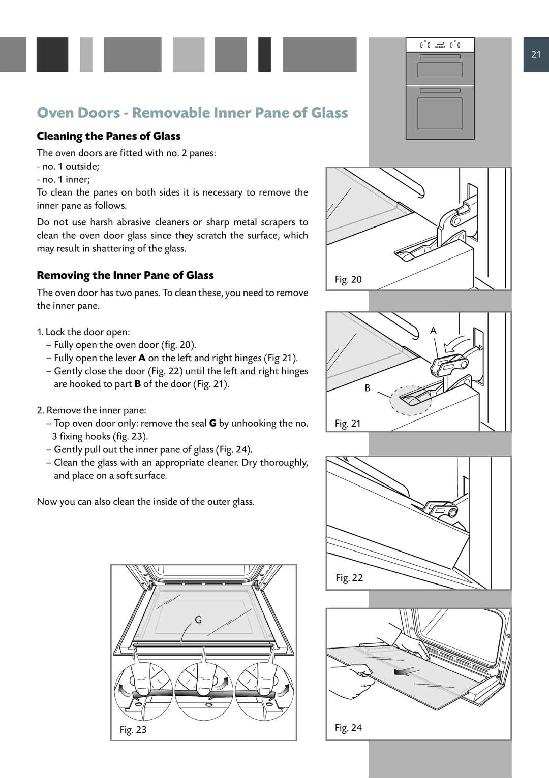 CDA DC930 manual Oven Doors Removable Inner Pane of Glass, Cleaning the Panes of Glass, Removing the Inner Pane of Glass 