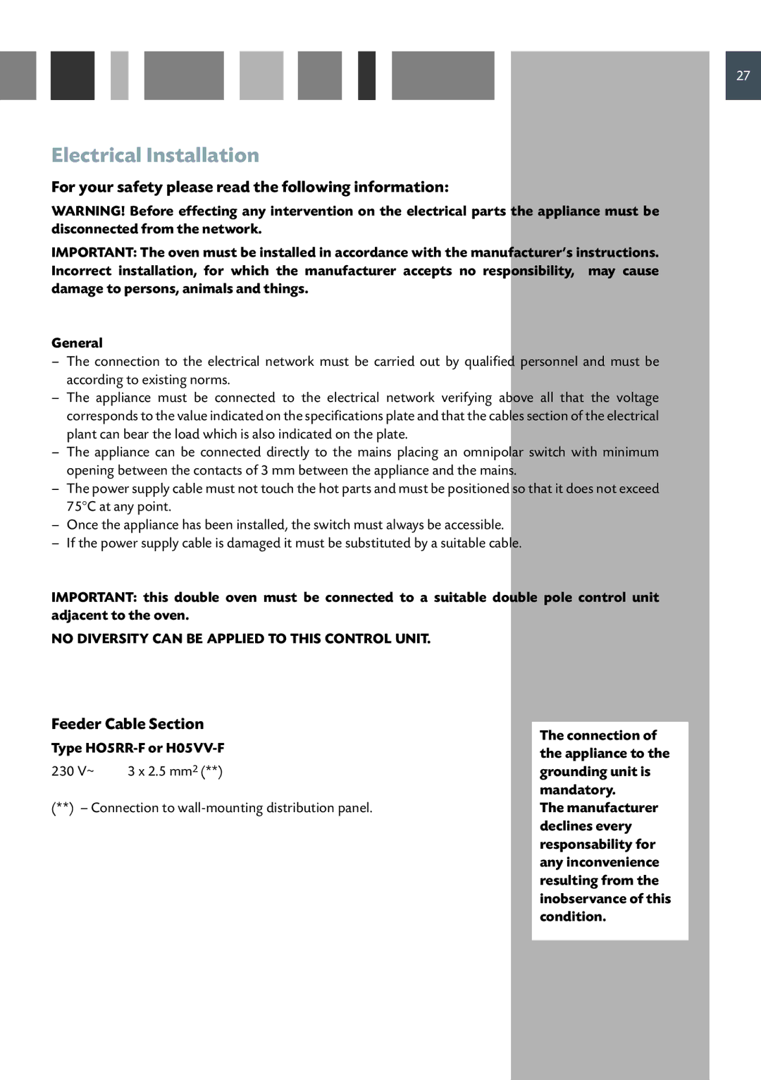 CDA DC930 manual Electrical Installation, For your safety please read the following information, Feeder Cable Section 