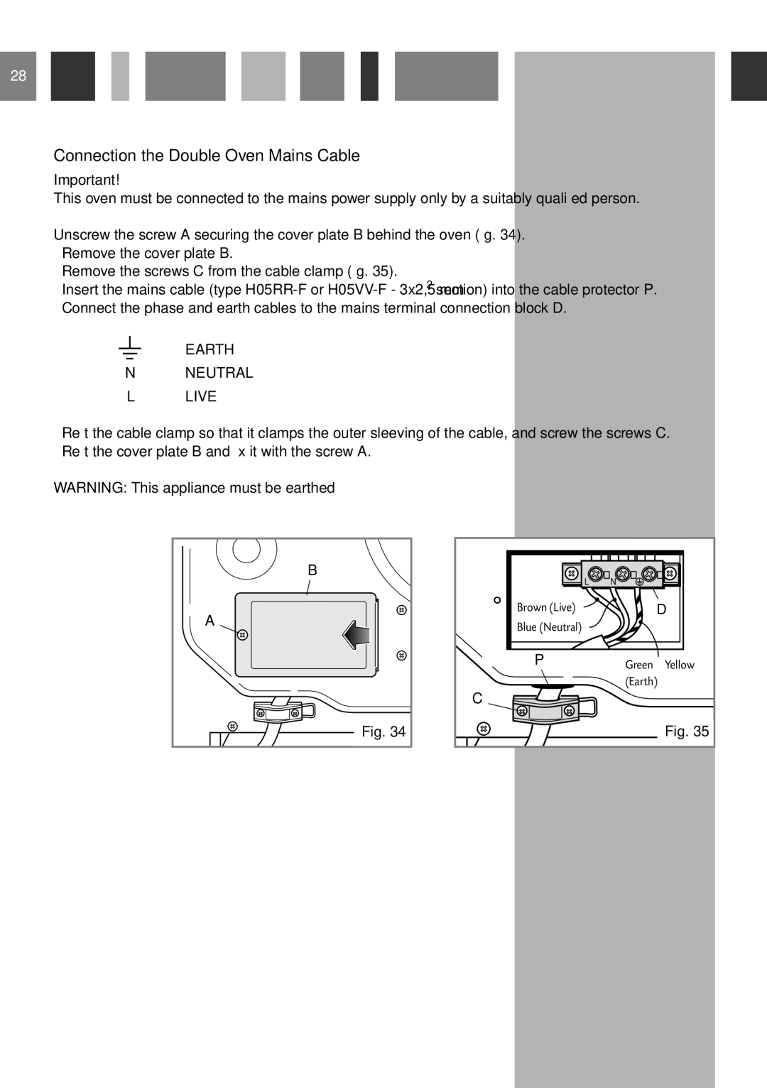 CDA DC930 manual Connection the Double Oven Mains Cable, Earth Neutral Live 