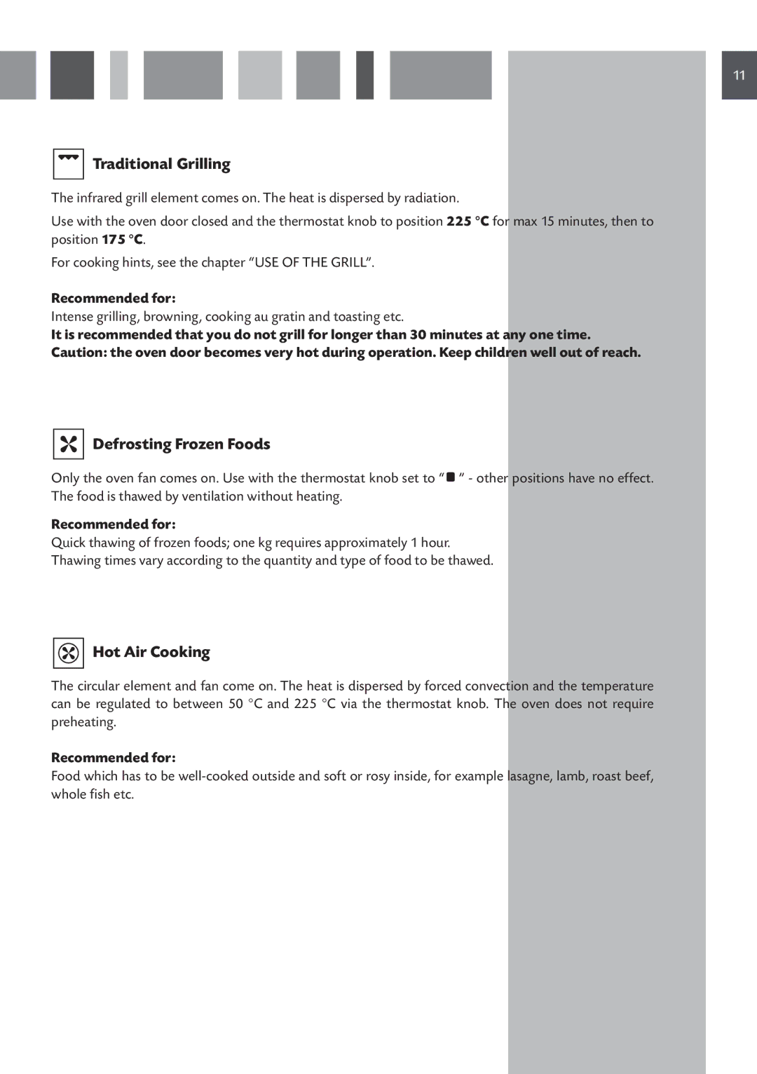 CDA DV 710 manual Defrosting Frozen Foods, Hot Air Cooking 