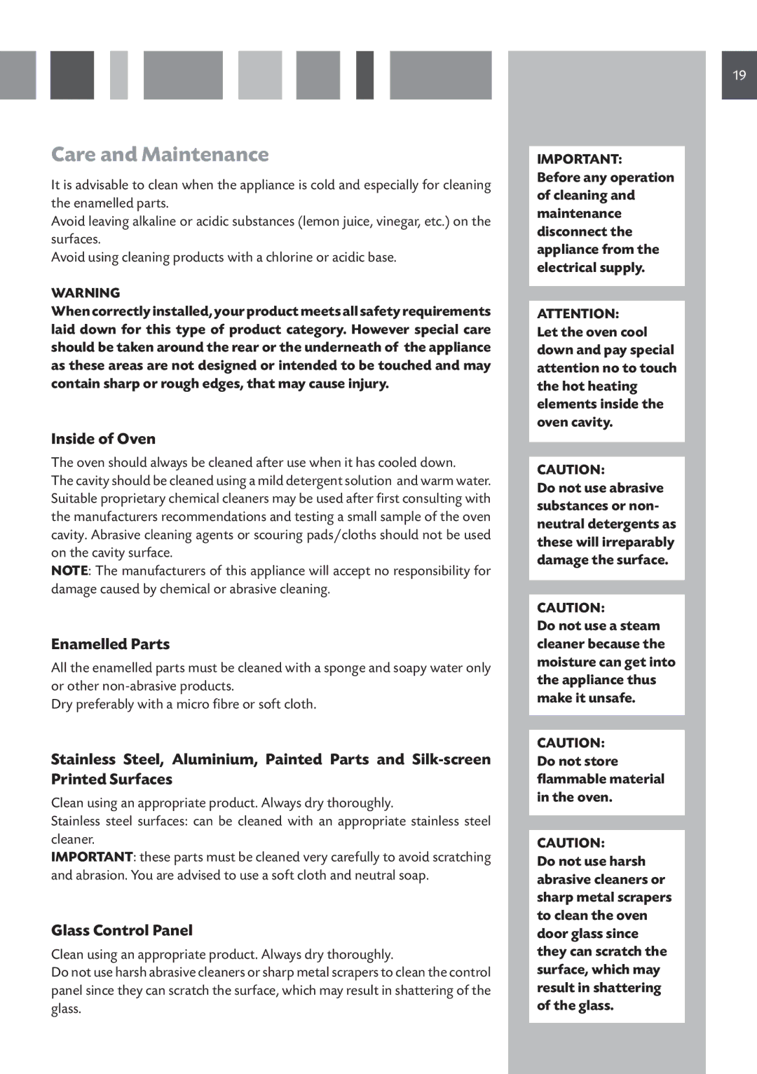 CDA DV 710 manual Care and Maintenance, Inside of Oven, Enamelled Parts, Glass Control Panel 