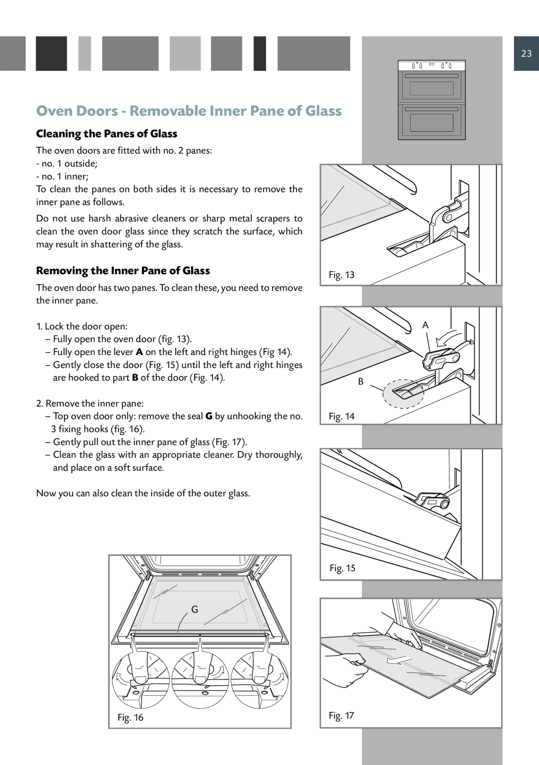 CDA DV 710 manual Oven Doors Removable Inner Pane of Glass, Cleaning the Panes of Glass, Removing the Inner Pane of Glass 