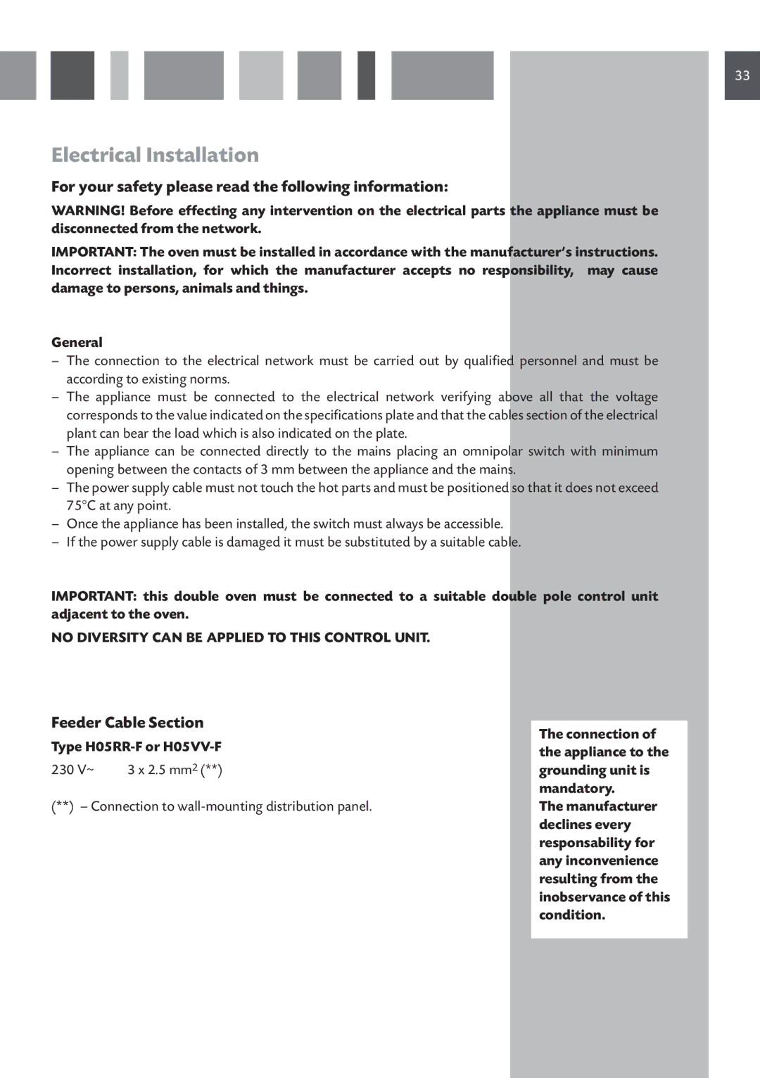 CDA DV 710 manual Electrical Installation, For your safety please read the following information, Feeder Cable Section 