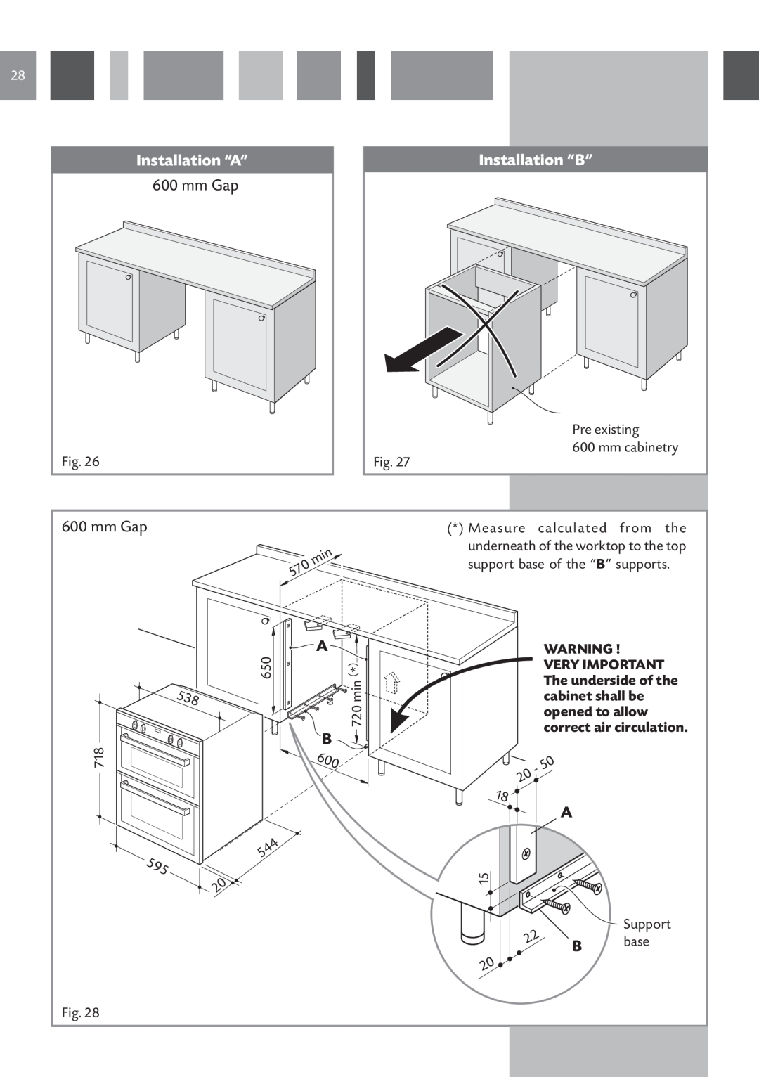 CDA DV 710 manual Installation “B”, mm Gap, Installation “A”, mm cabinetry, Support 
