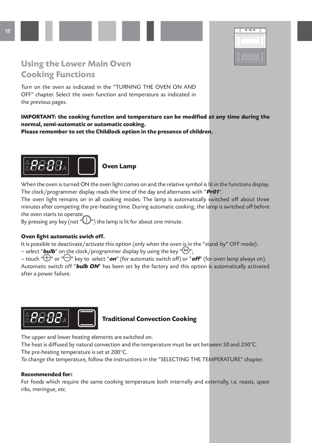 CDA DV 770 manual Using the Lower Main Oven Cooking Functions, Oven Lamp, Oven light automatic swich off 