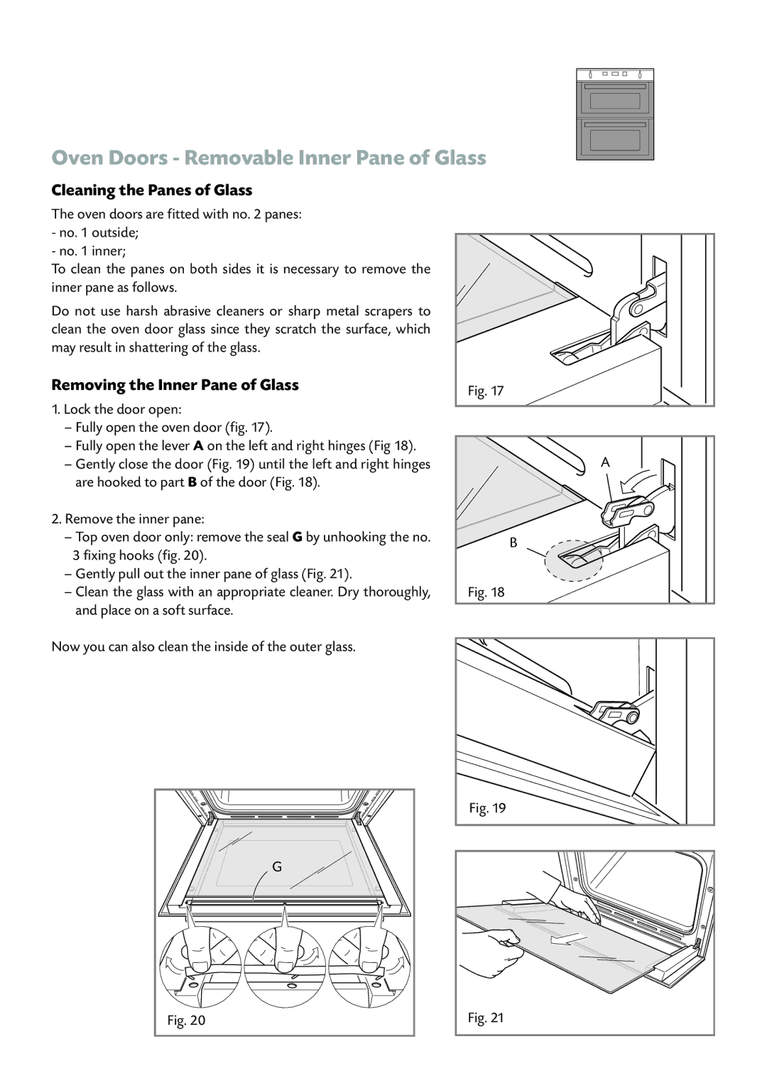 CDA DV 770 manual Oven Doors Removable Inner Pane of Glass, Cleaning the Panes of Glass, Removing the Inner Pane of Glass 