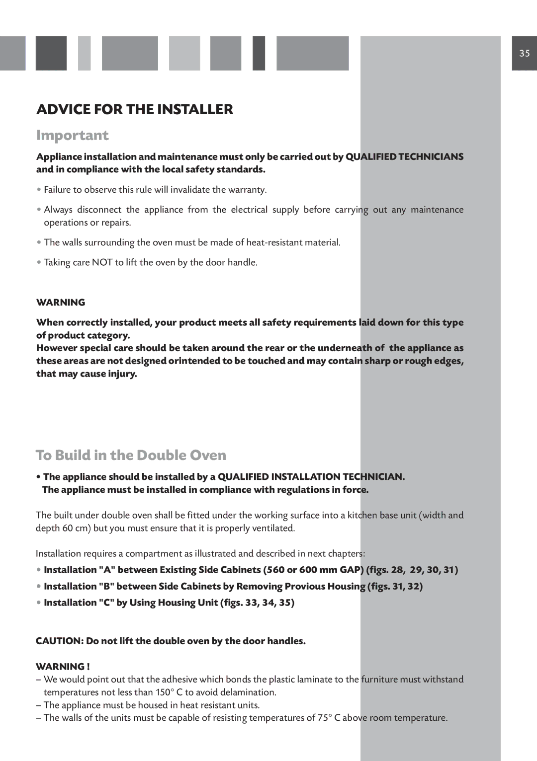 CDA DV 770 manual Advice for the Installer, To Build in the Double Oven 