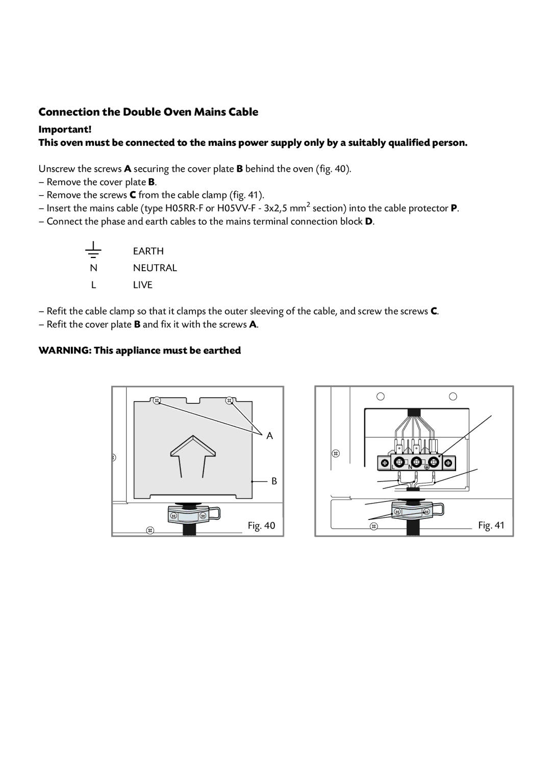 CDA DV 770 manual Connection the Double Oven Mains Cable, Earth Neutral Live 