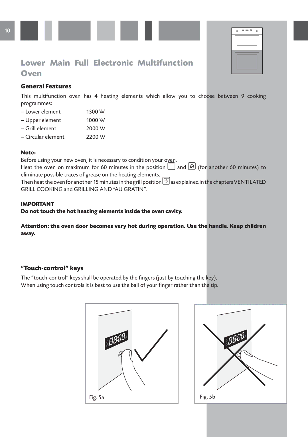 CDA 9Q6, DV 990, 9Z6 manual Lower Main Full Electronic Multifunction Oven, Touch-control keys 