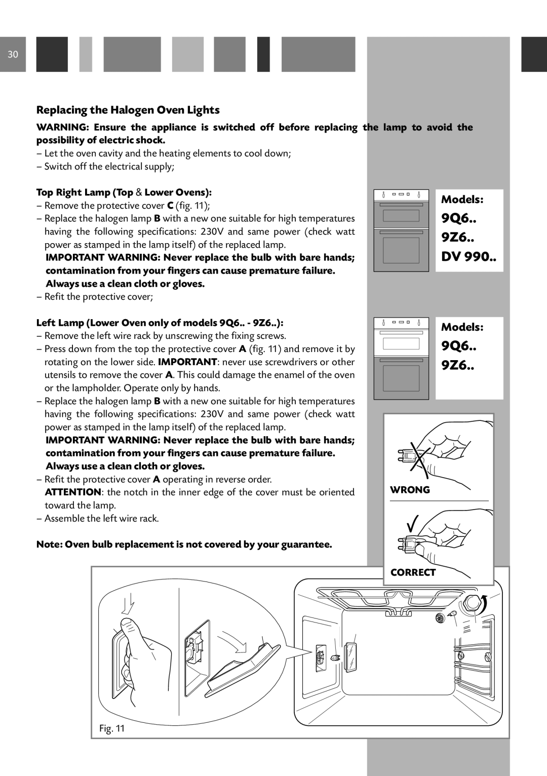 CDA DV 990, 9Q6, 9Z6 manual Replacing the Halogen Oven Lights, Models, Top Right Lamp Top & Lower Ovens 