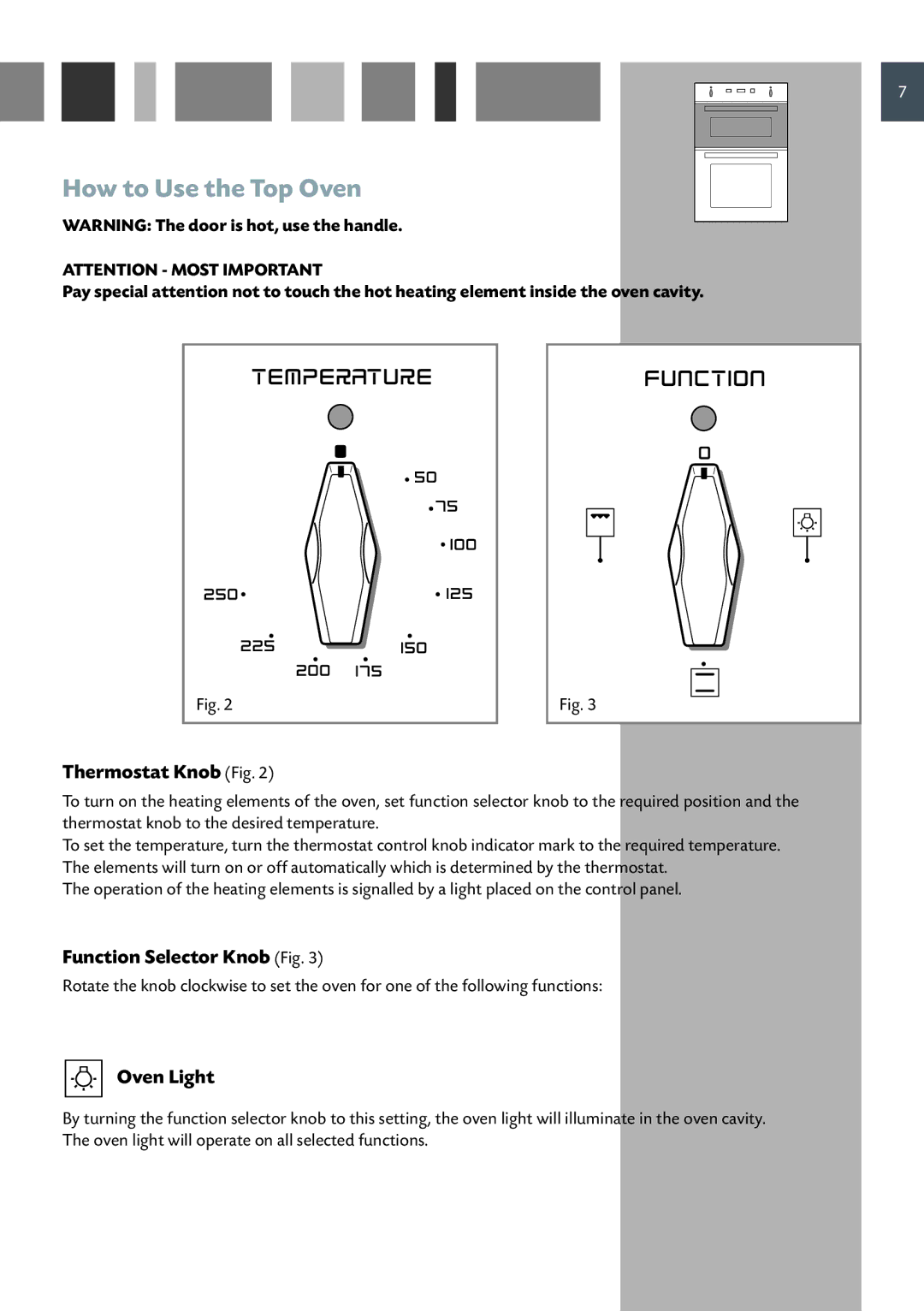 CDA 9Q6, DV 990, 9Z6 manual How to Use the Top Oven, Thermostat Knob Fig, Function Selector Knob Fig, Oven Light 