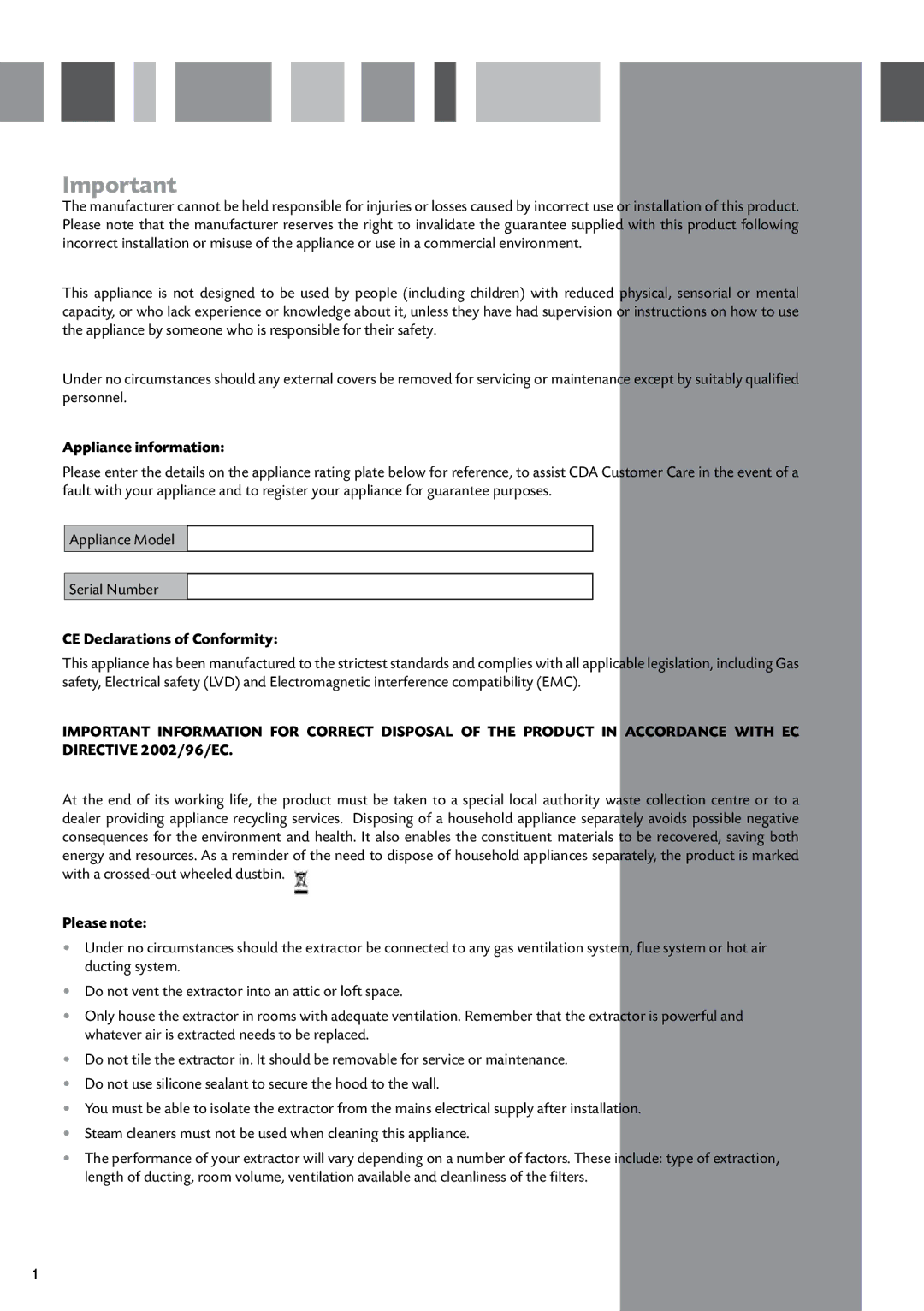 CDA EVM9 manual Appliance information, CE Declarations of Conformity, Please note 