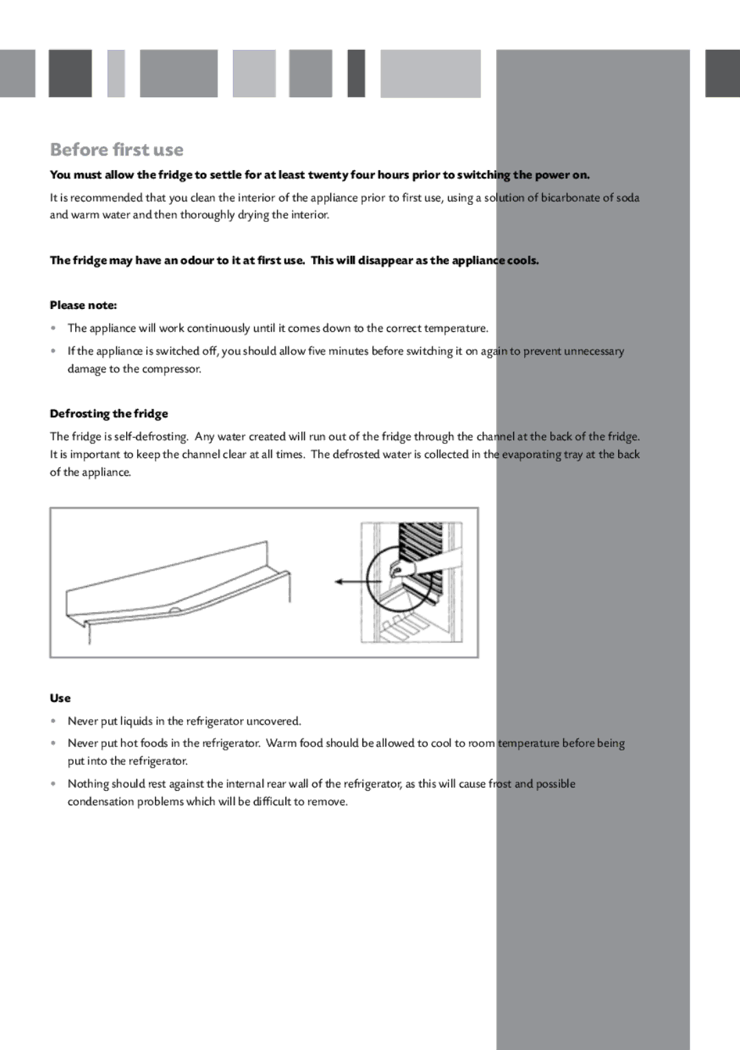 CDA FF120 manual Before first use, Defrosting the fridge, Use 