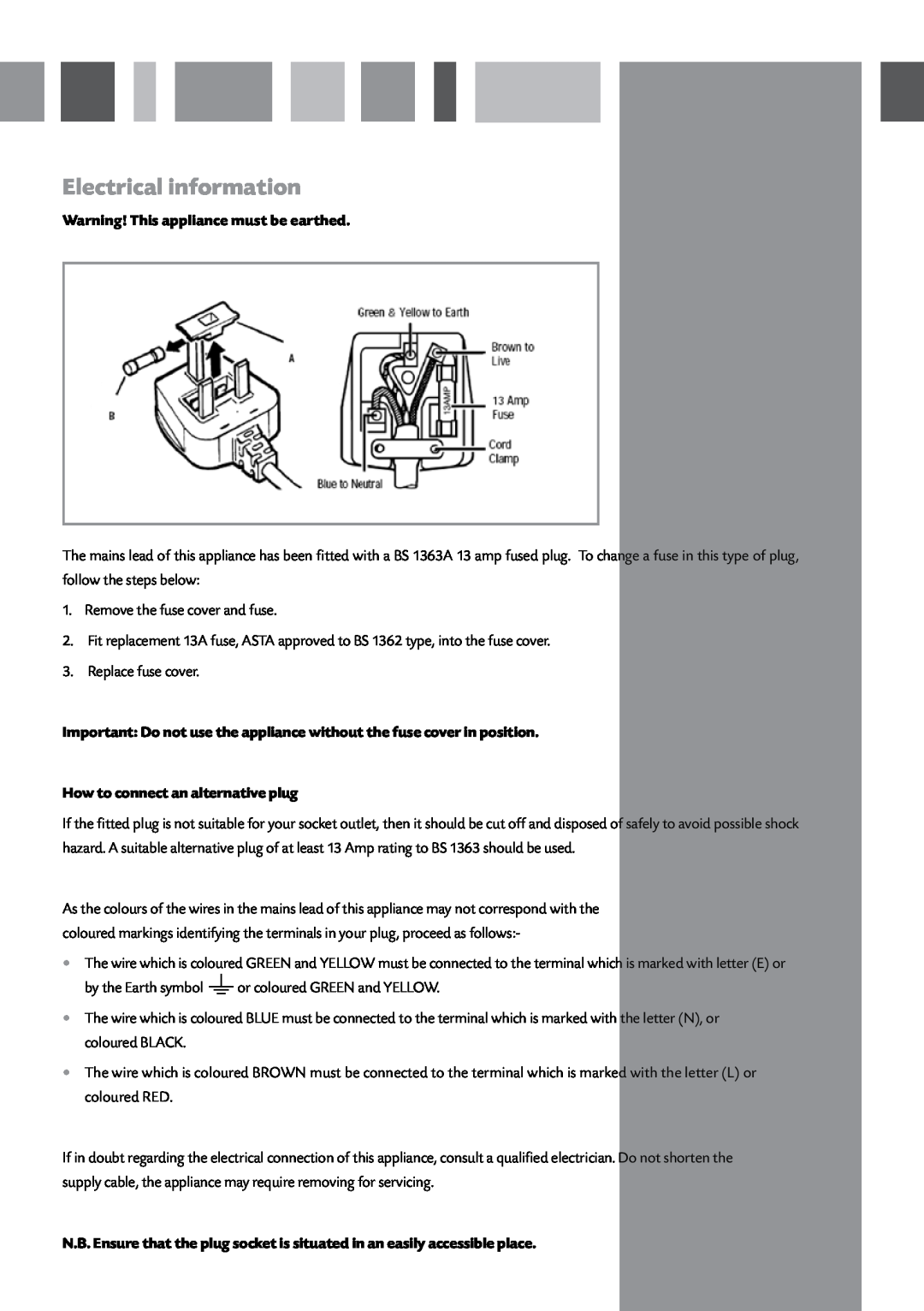 CDA FF120 manual Electrical information, Warning! This appliance must be earthed, How to connect an alternative plug 