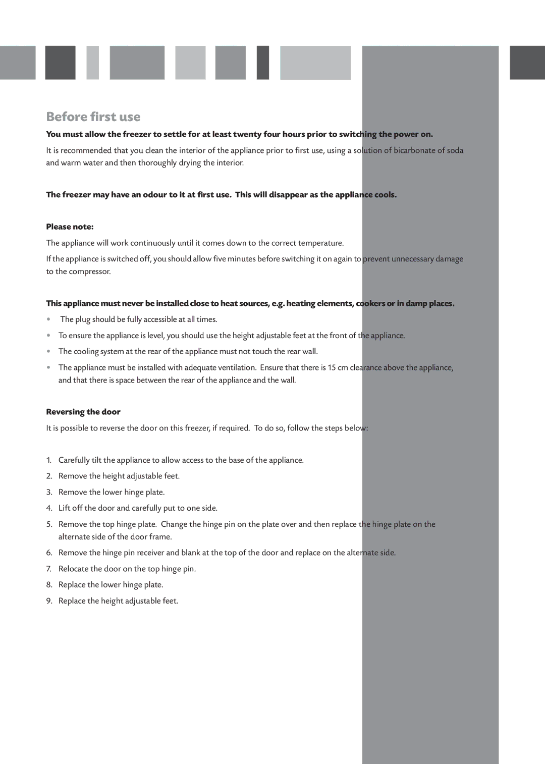 CDA FF180 manual Before first use, Reversing the door 