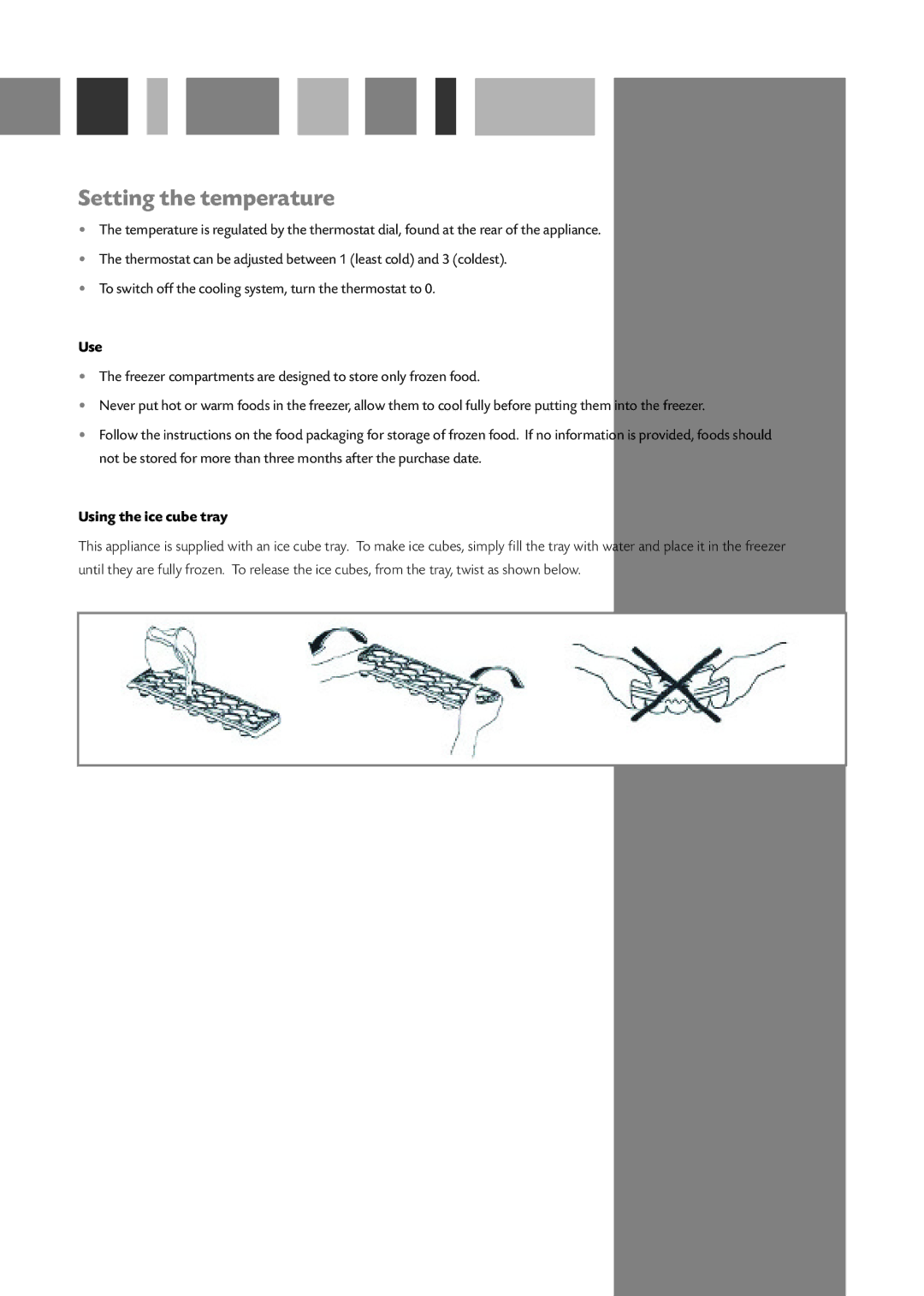 CDA FF180 manual Setting the temperature, Use, Using the ice cube tray 