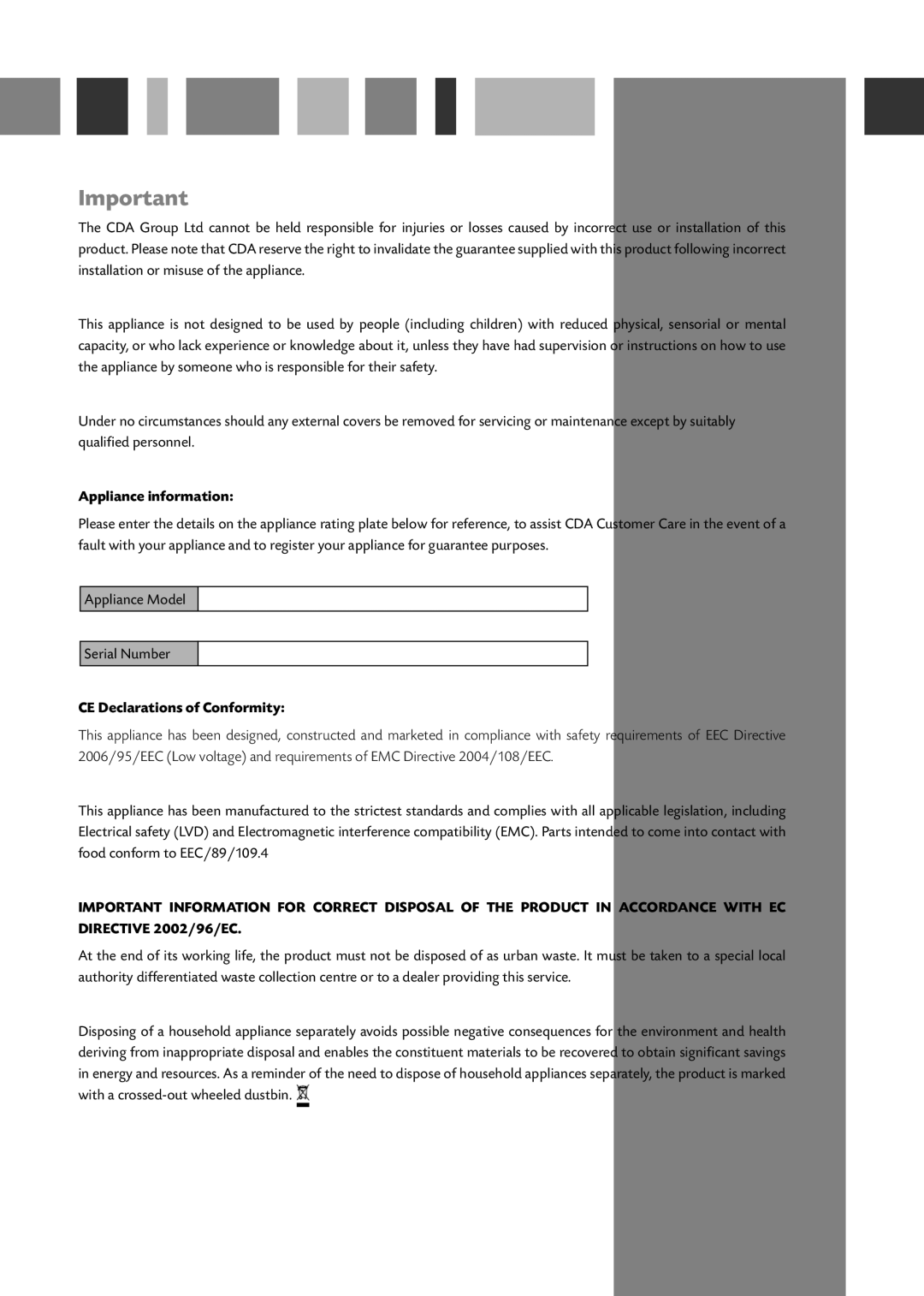 CDA FF180 manual Appliance information, CE Declarations of Conformity 