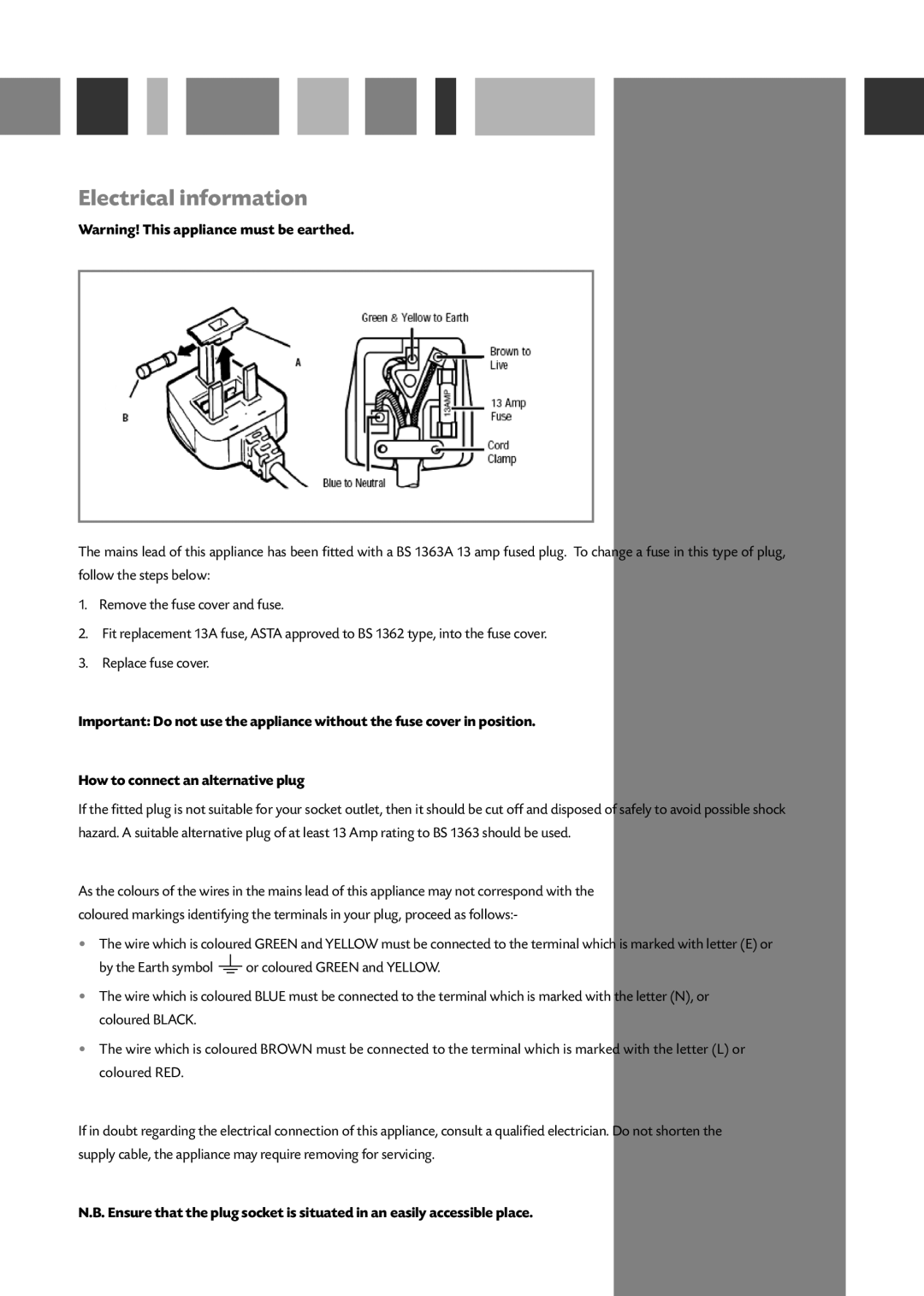 CDA FF180 manual Electrical information, Warning! This appliance must be earthed, How to connect an alternative plug 