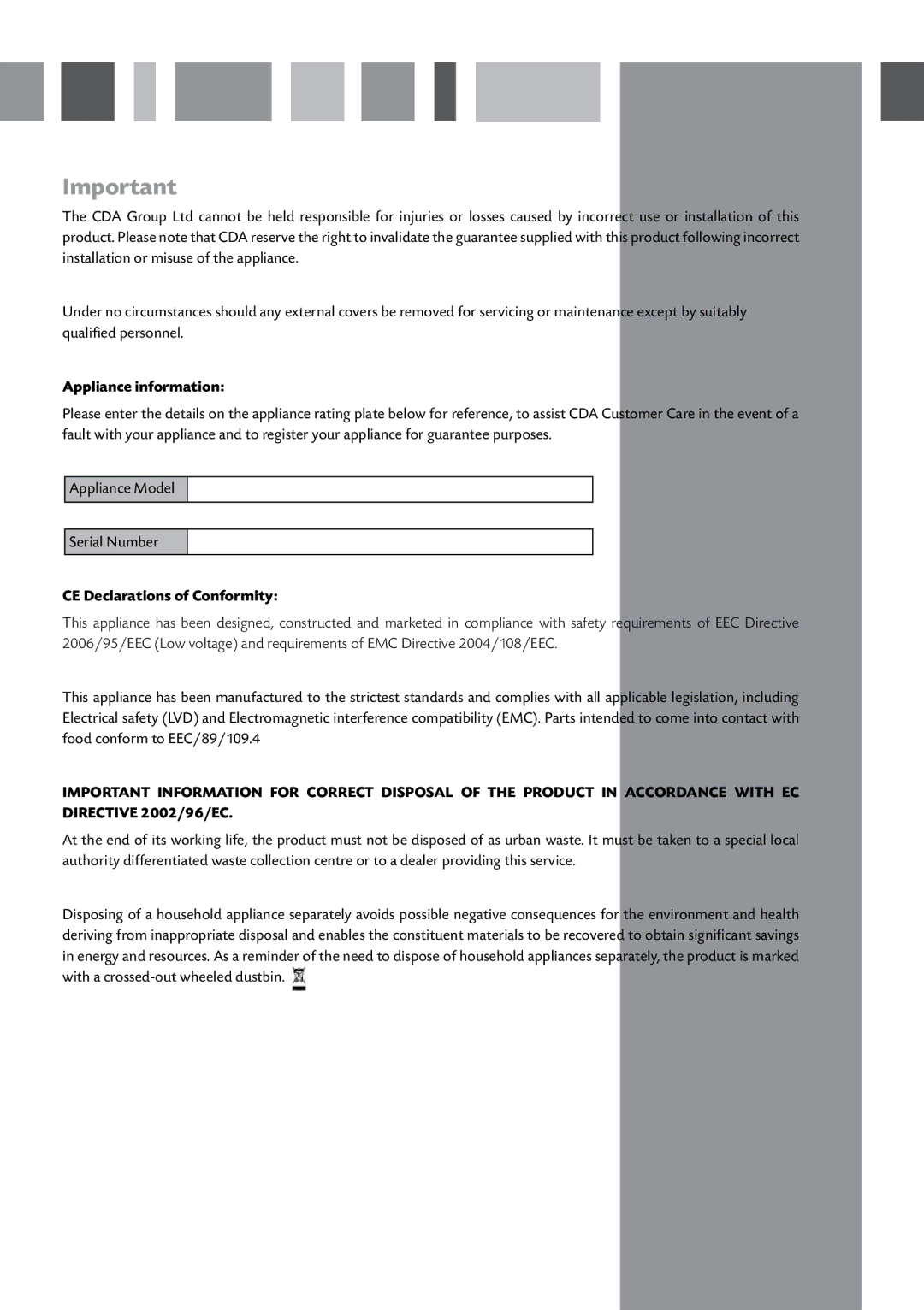 CDA FF850 manual Appliance information, CE Declarations of Conformity 